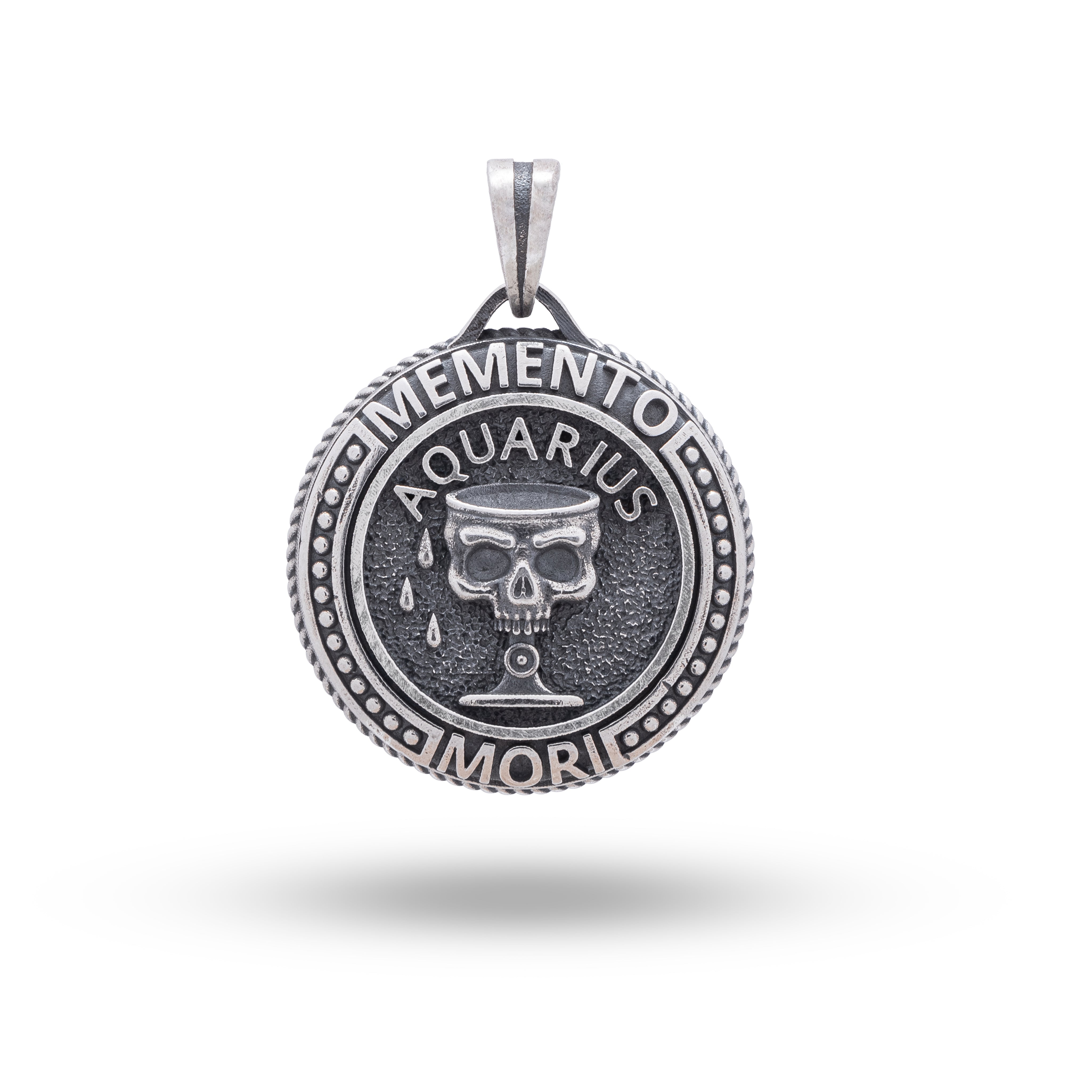 Memento Mori Aquarius Zodiac Sign 925 Sterling Silver Pendant in oxidized finish showcasing intricate handcraft