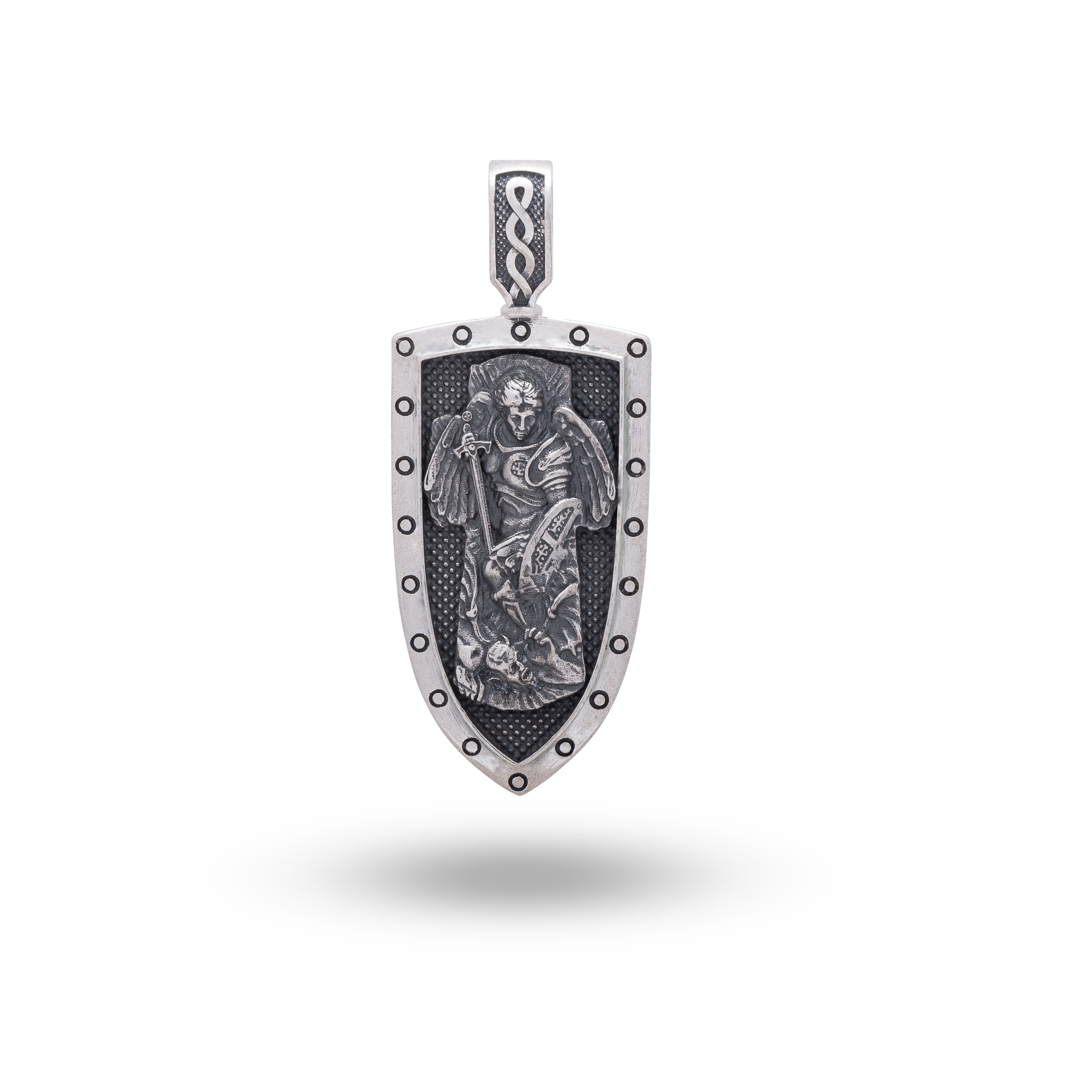 Front view of St Michael Archangel Pendant 925 Sterling Silver with Oxidized finish