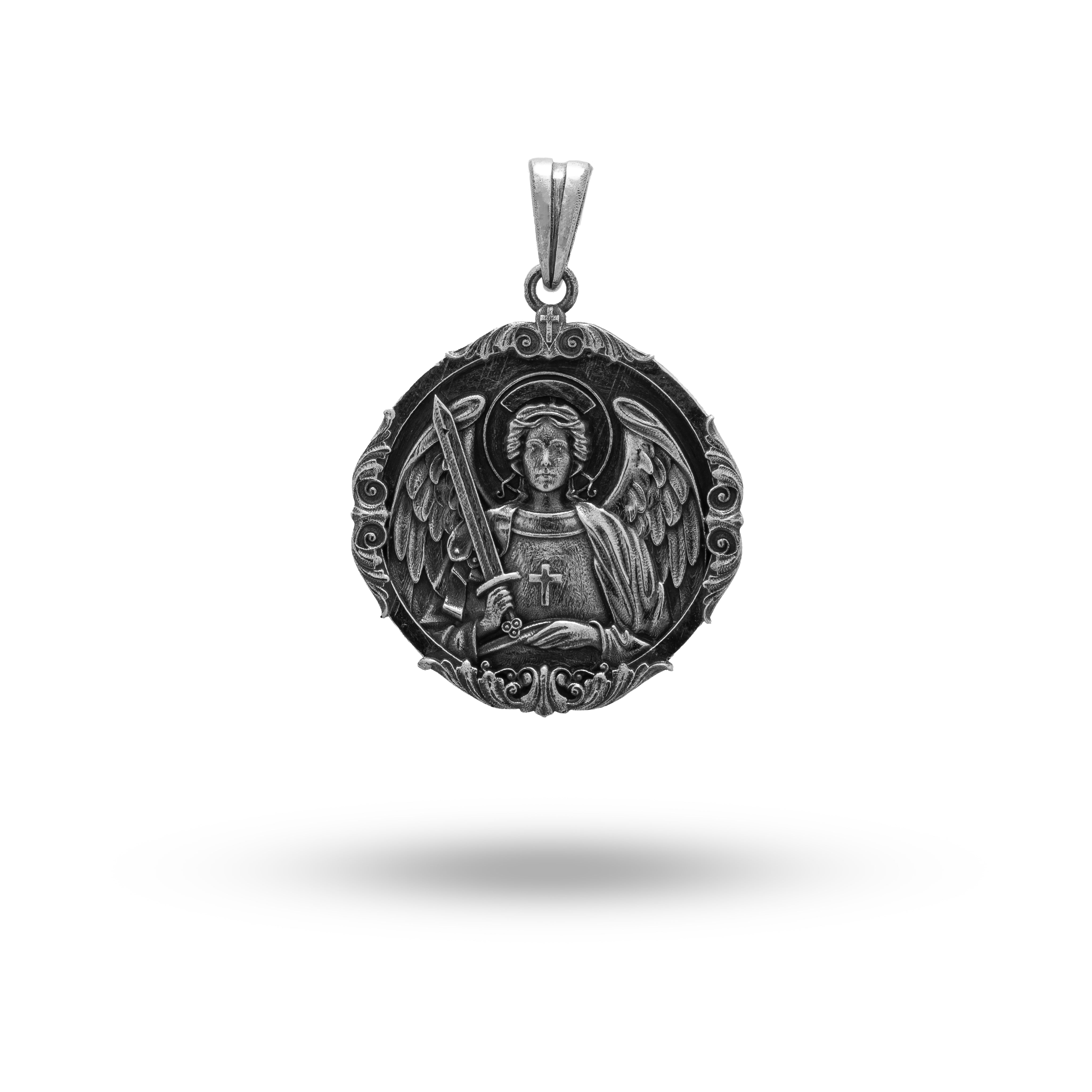 Front view of St Michael Archangel Protector Pendant in oxidized 925 sterling silver, round shape, spiritual design.