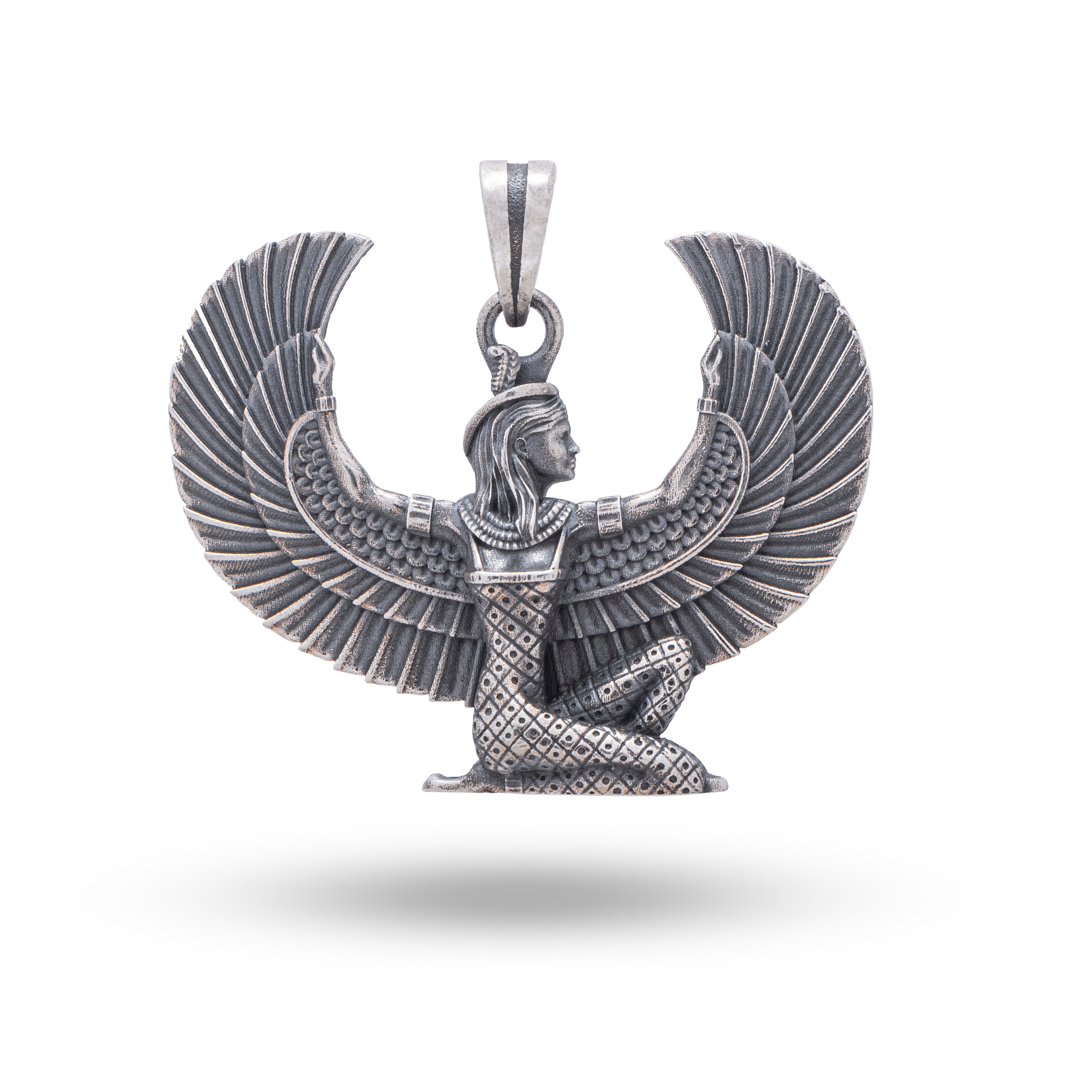 Front view of Isis Winged Egyptian 925 Sterling Silver Pendant showcasing intricate design and oxidized finish