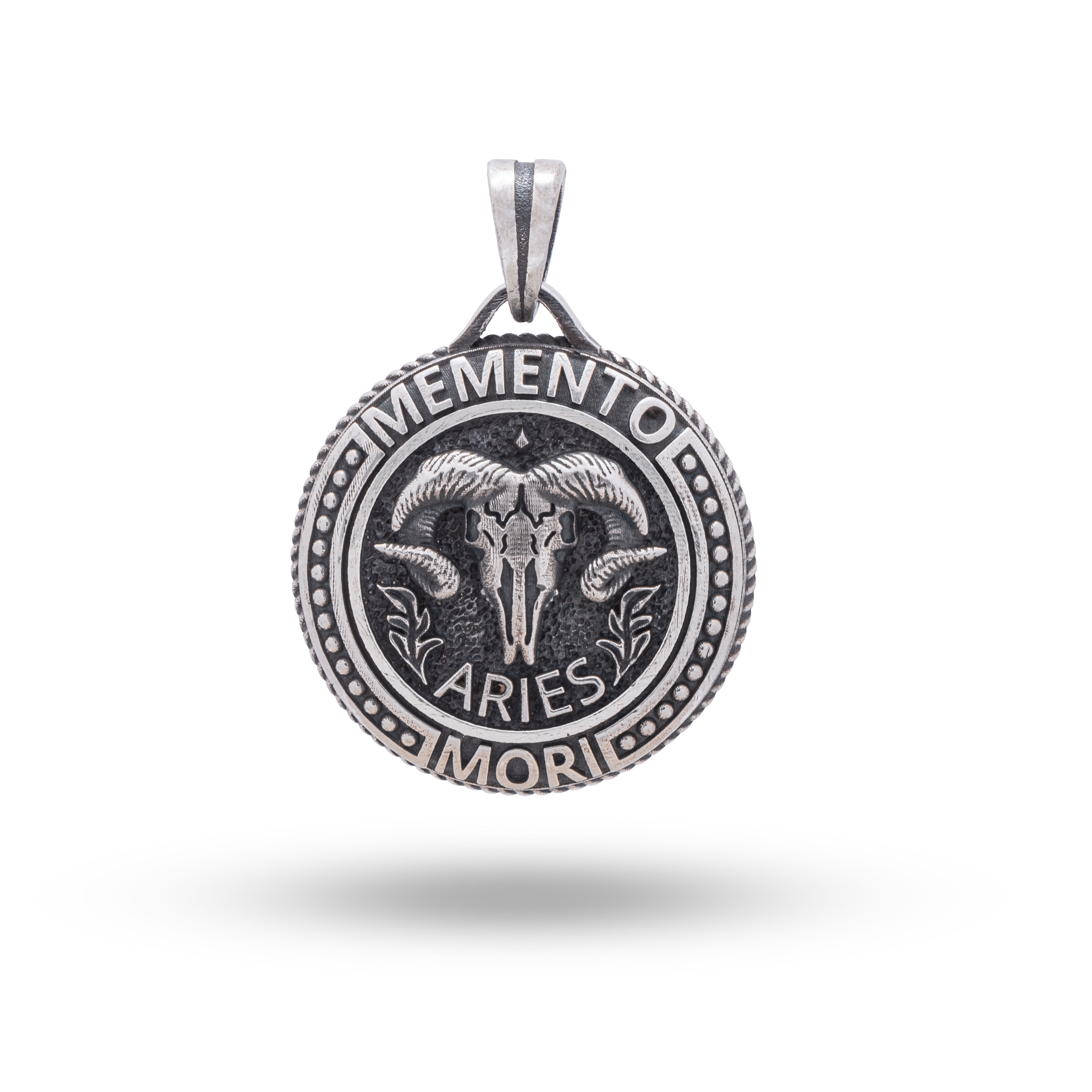 Front view of Memento Mori Aries Zodiac Sign 925 Sterling Silver Pendant showcasing intricate design.