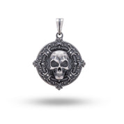 Front view of Lily Skull 925 Sterling Silver Pendant with intricate lily and skull design.