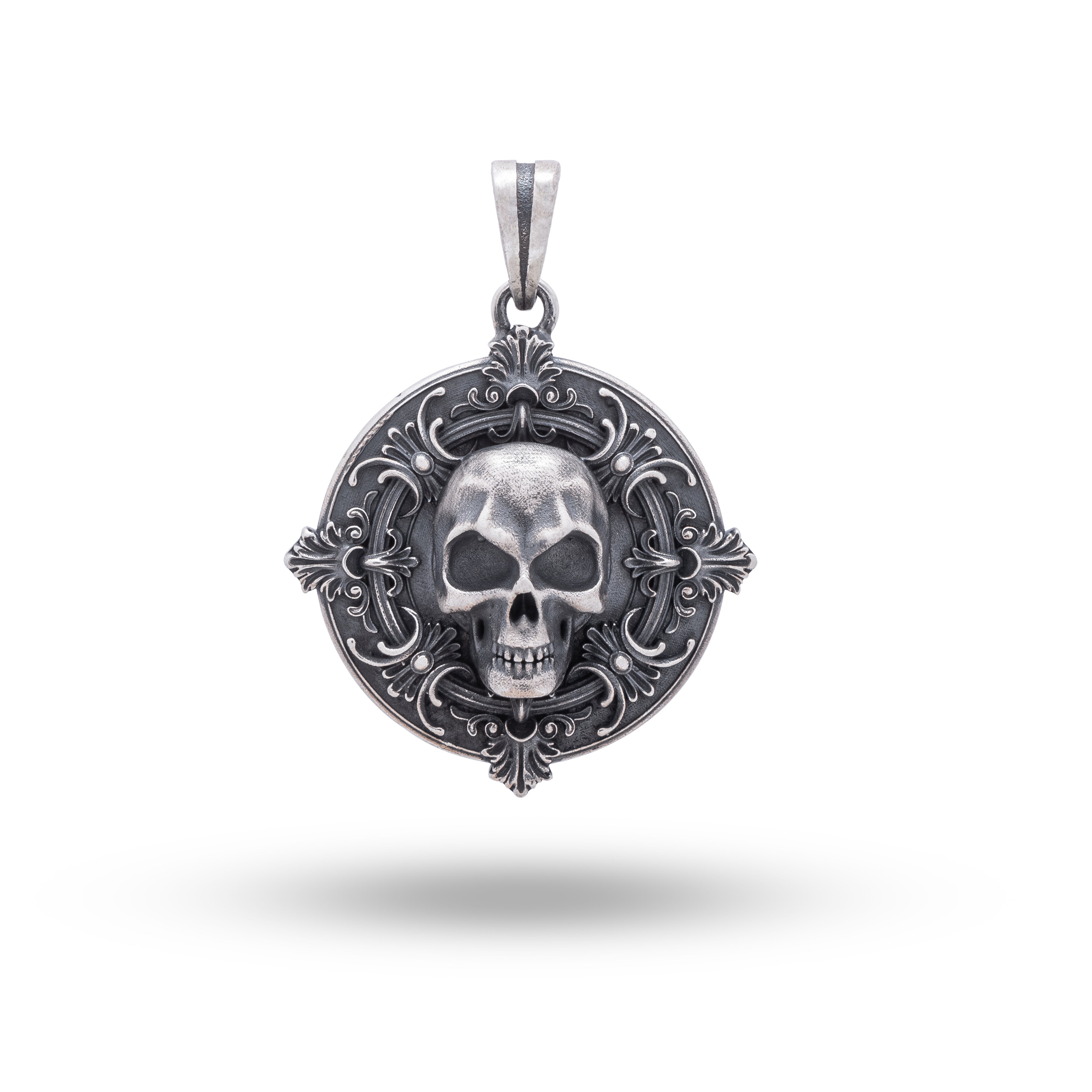 Front view of Lily Skull 925 Sterling Silver Pendant with intricate lily and skull design.