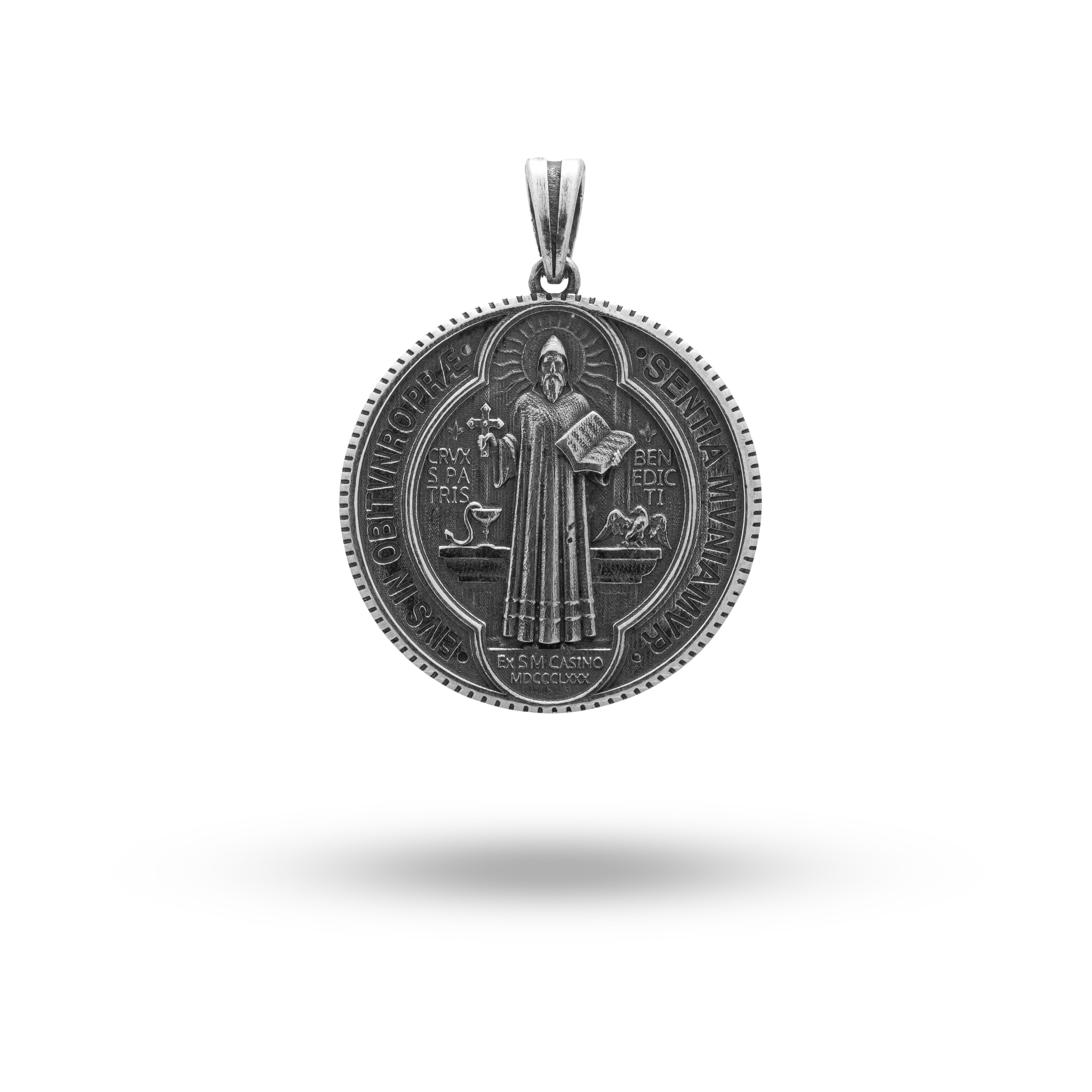 Saint Benedict Catholic Medallion Pendant in 925 oxidized silver - Front view