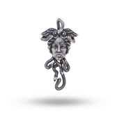 Sterling Silver Pendant featuring Medusa and snake motif with oxidized finish, viewed from angle one.