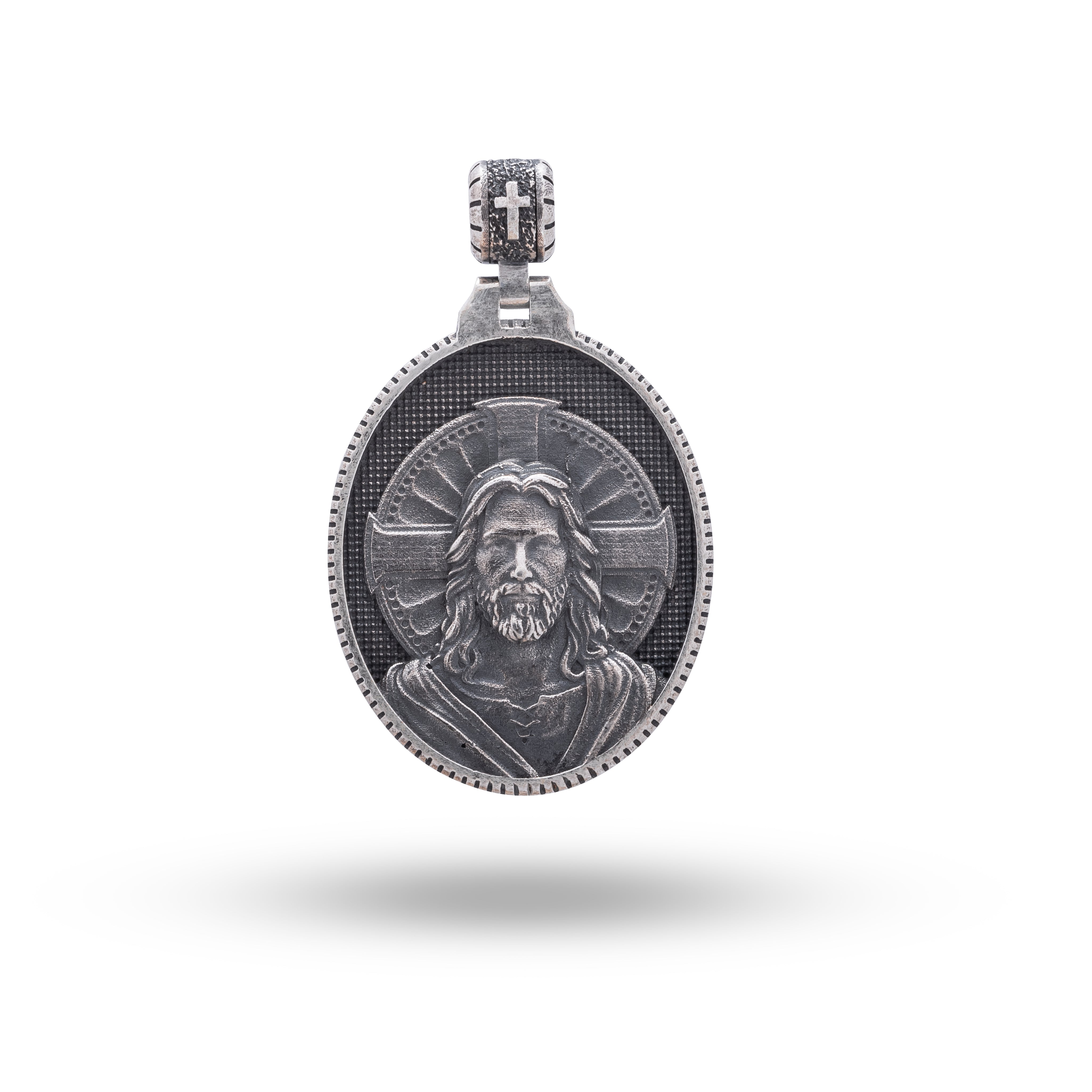 Front view of the Jesus 925 Sterling Silver Pendant with an oxidized finish, showcasing its intricate design and oval shape