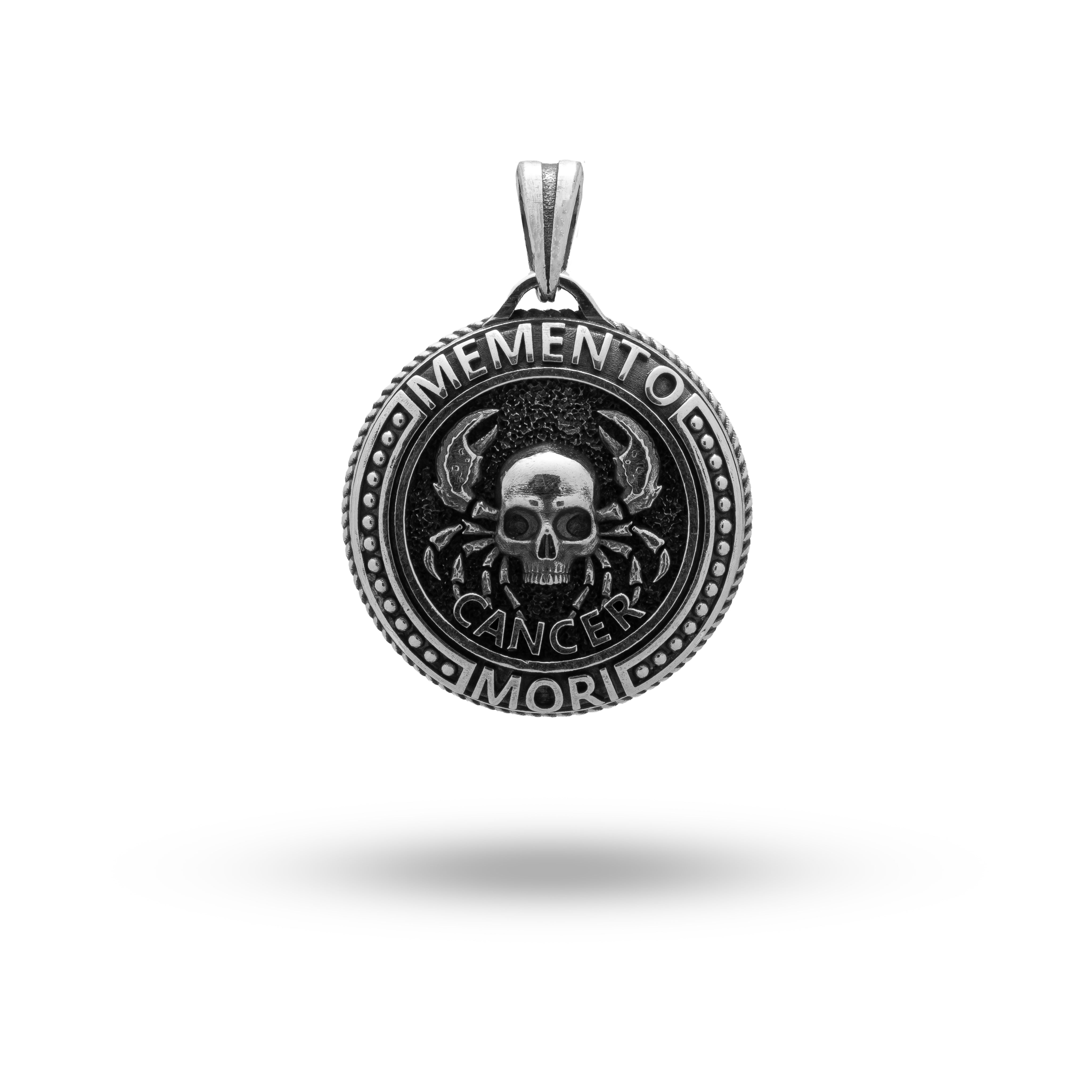 Memento Mori Skull Cancer Zodiac Sterling Silver Pendant - Front View, Artisanal Design