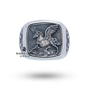Handcrafted Artisan Pegasus Ring in oxidized sterling silver, designed by White Lion Jewels with elegance and style.