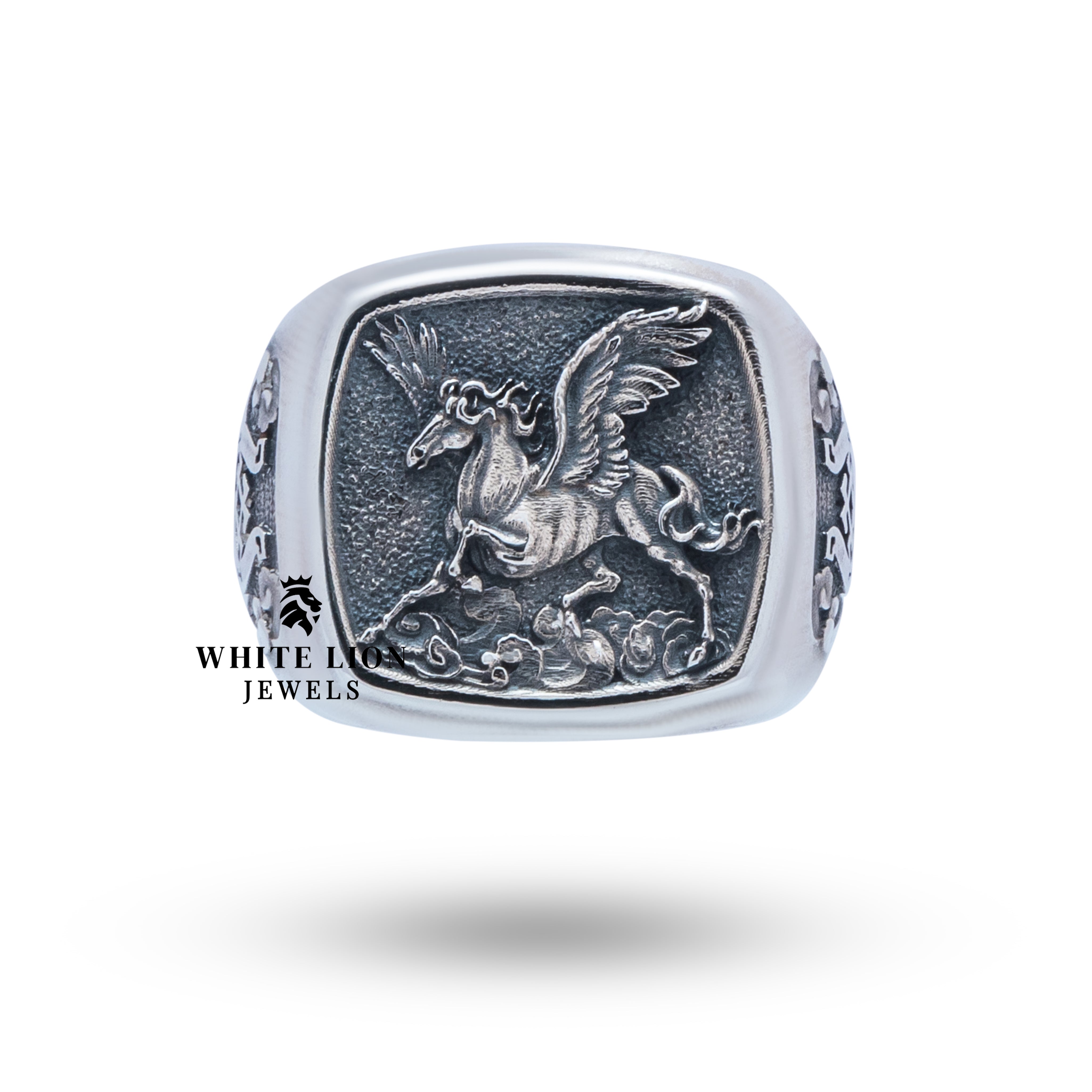 Handcrafted Artisan Pegasus Ring in oxidized sterling silver, designed by White Lion Jewels with elegance and style.