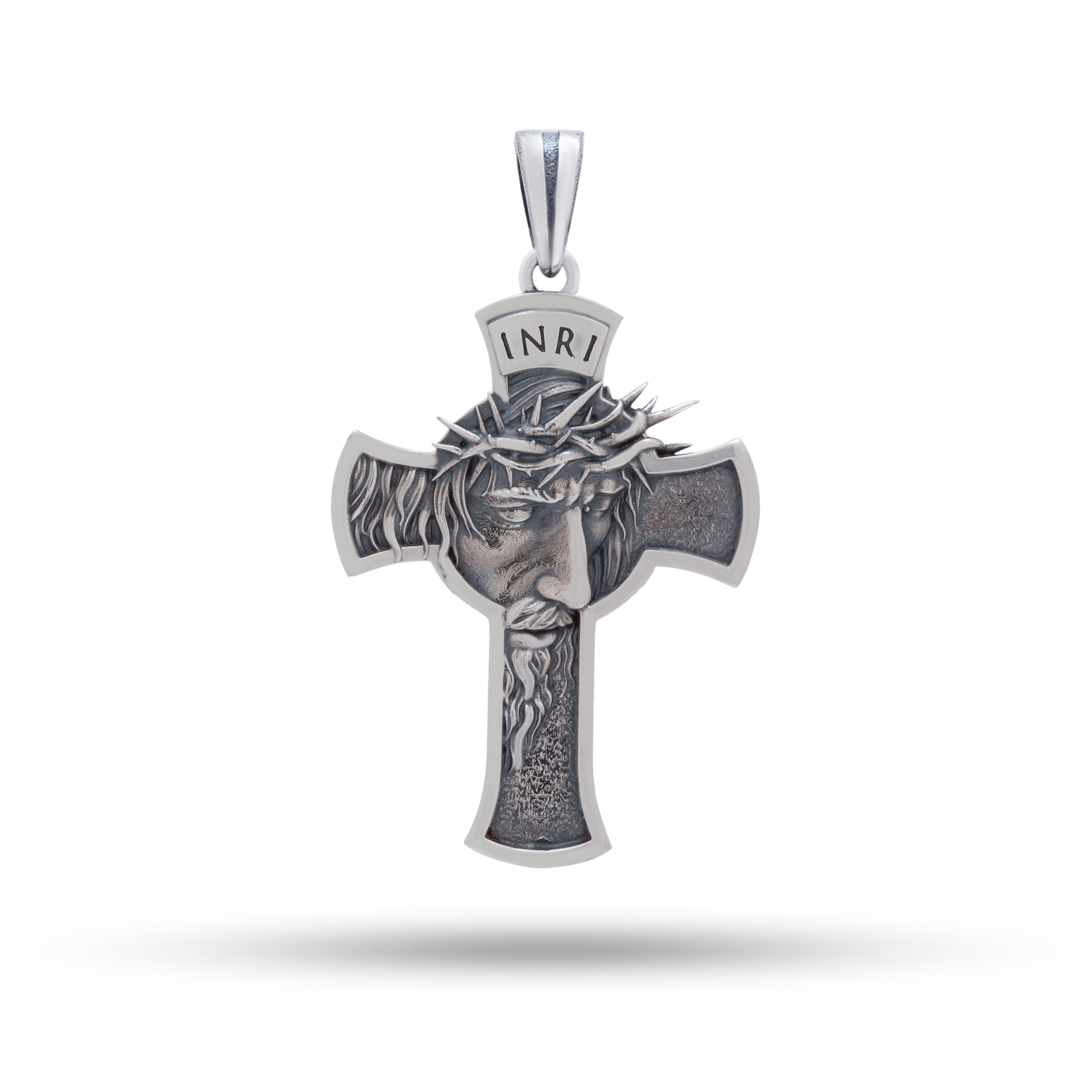 Front view of Jesus Cross 925 Sterling Silver Pendant with detailed craftsmanship in oxidized silver