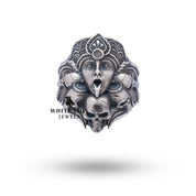 Angled shot of the Kali Skulls Gothic 925 Sterling Silver Ring displaying its majestic design and bold style.
