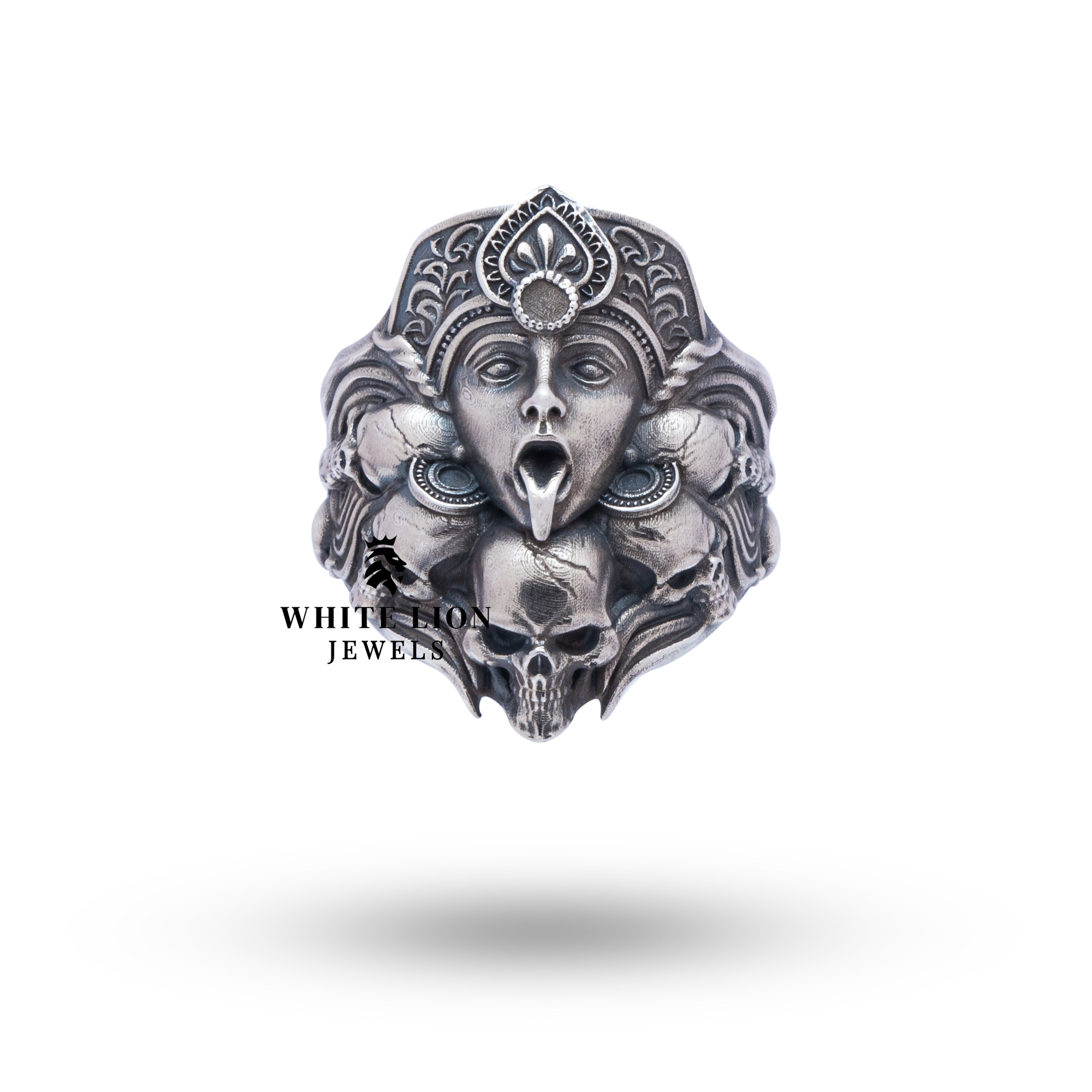 Angled shot of the Kali Skulls Gothic 925 Sterling Silver Ring displaying its majestic design and bold style.