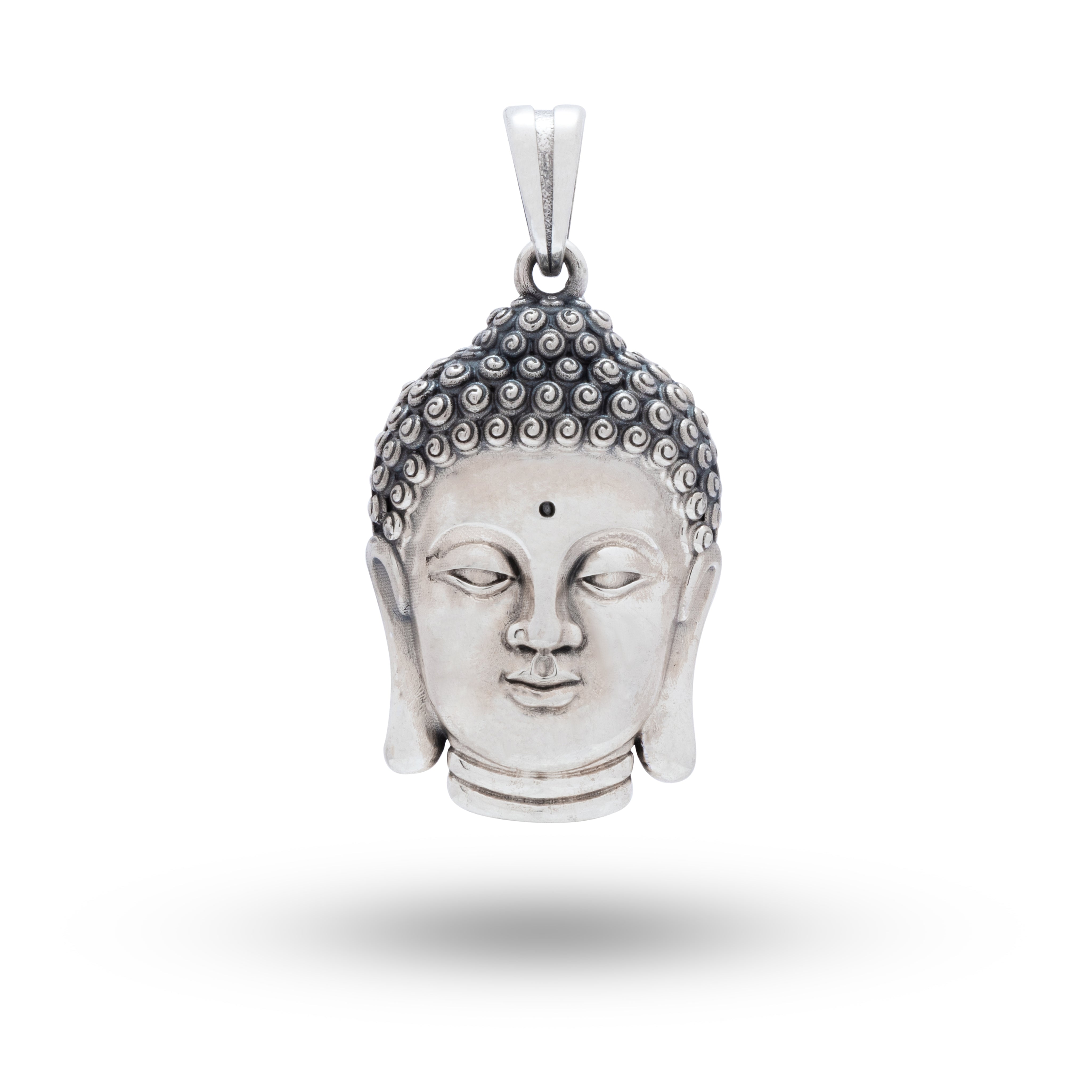 Front view of Gautam Buddha Head 925 Sterling Silver Pendant showcasing intricate details and oxidized finish.