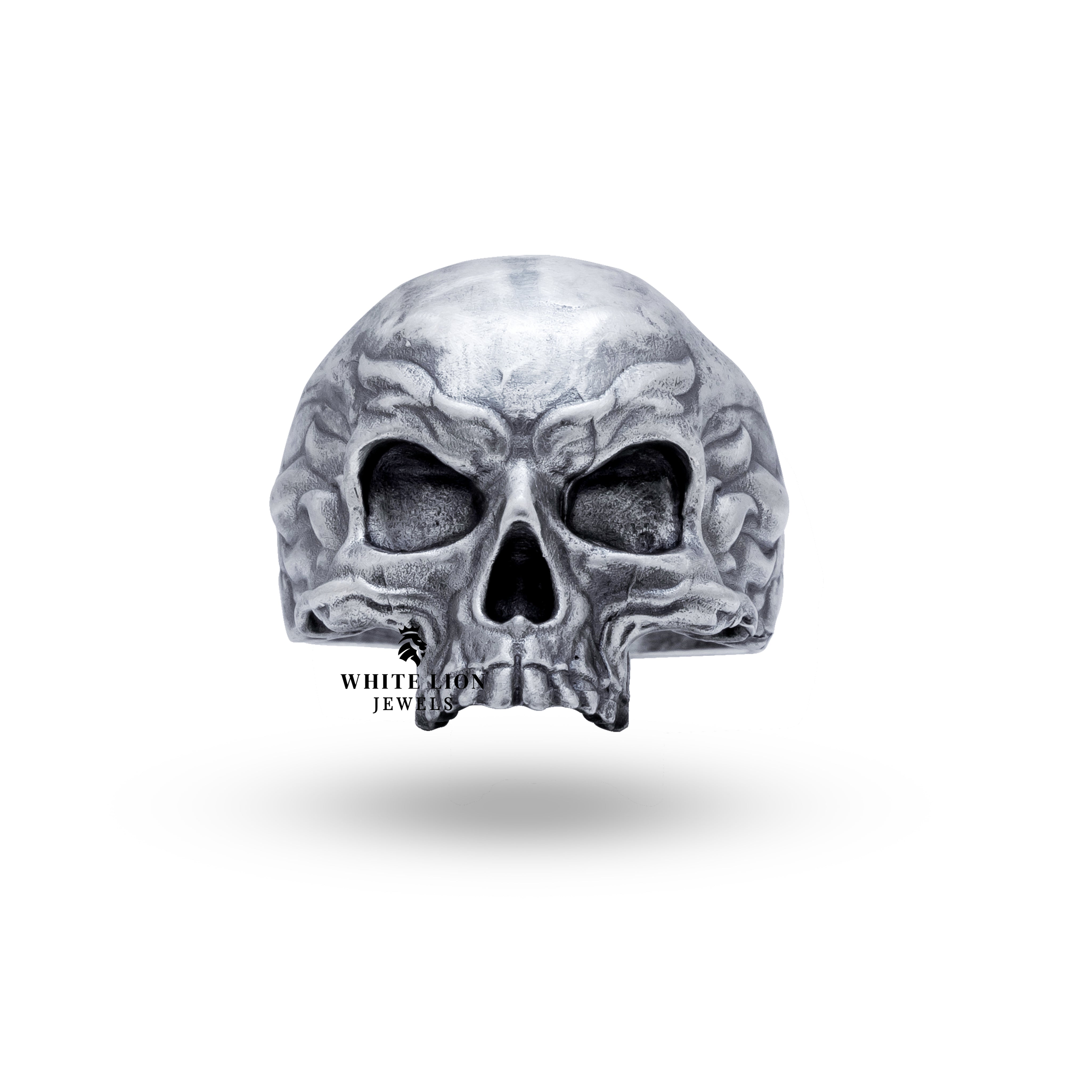 Front view of Flames Skull 925 Sterling Silver ring with intricate craftsmanship