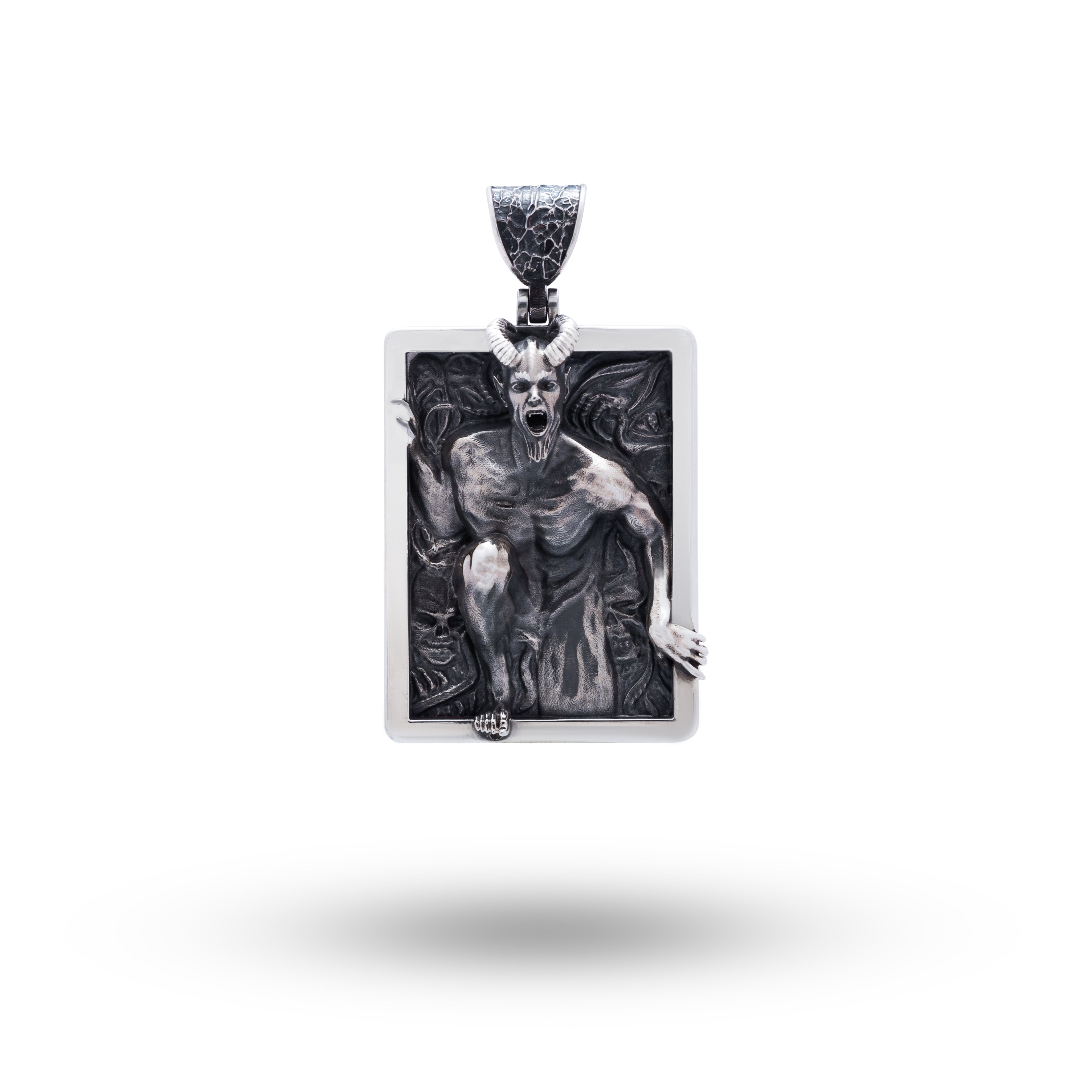 Horror 925 sterling silver pendant showing front view, oxidized finish, rectangular design