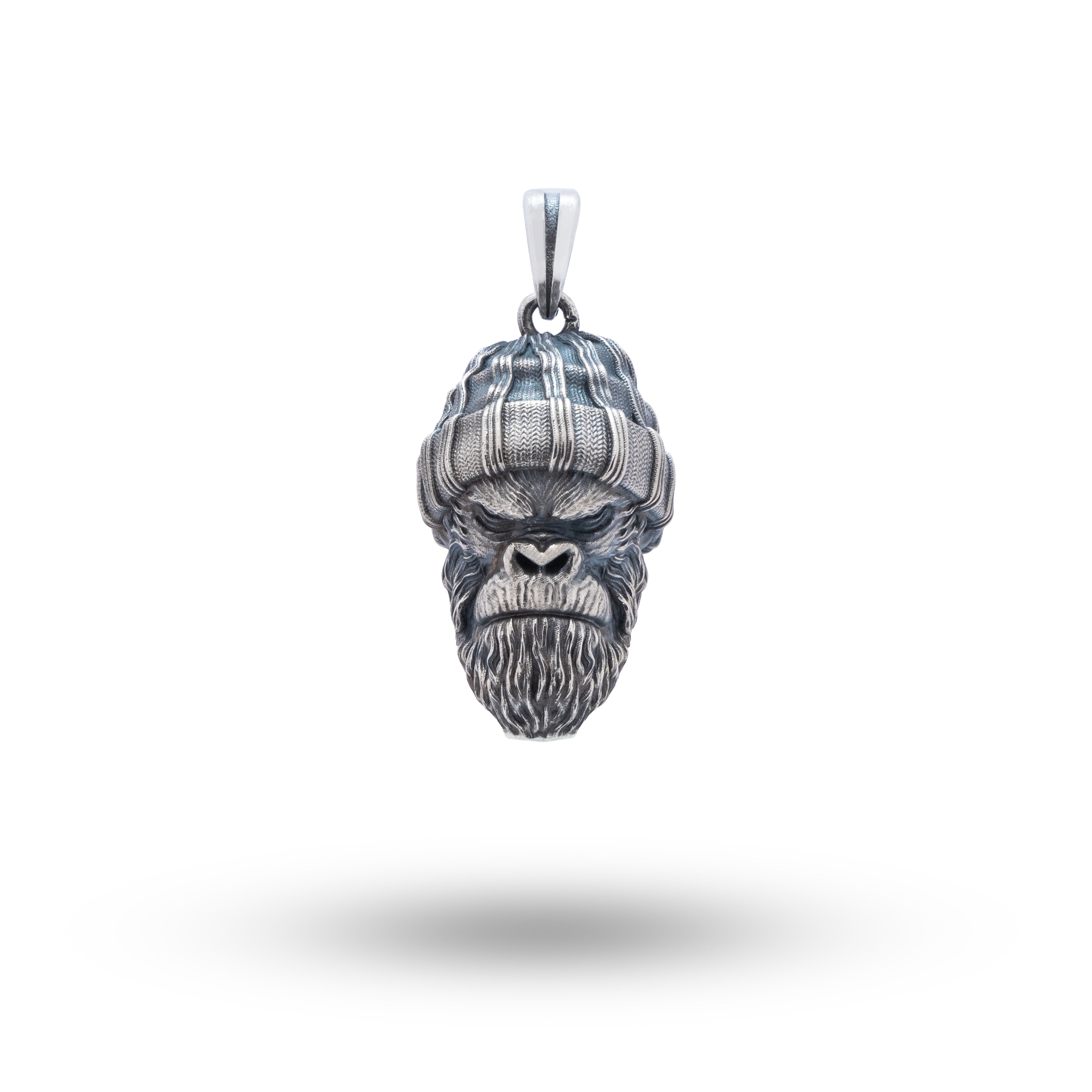 Front view of Gangster Monkey 925 Sterling Silver Pendant showcasing its oxidized silver finish and unique design