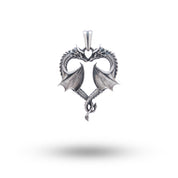 925 Sterling Silver pendant featuring a dragon creature entwined with a heart, in oxidized finish.
