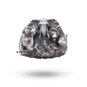 Front view of Jungle Safari Animals 925 Sterling Silver Ring with detailed jungle motifs.