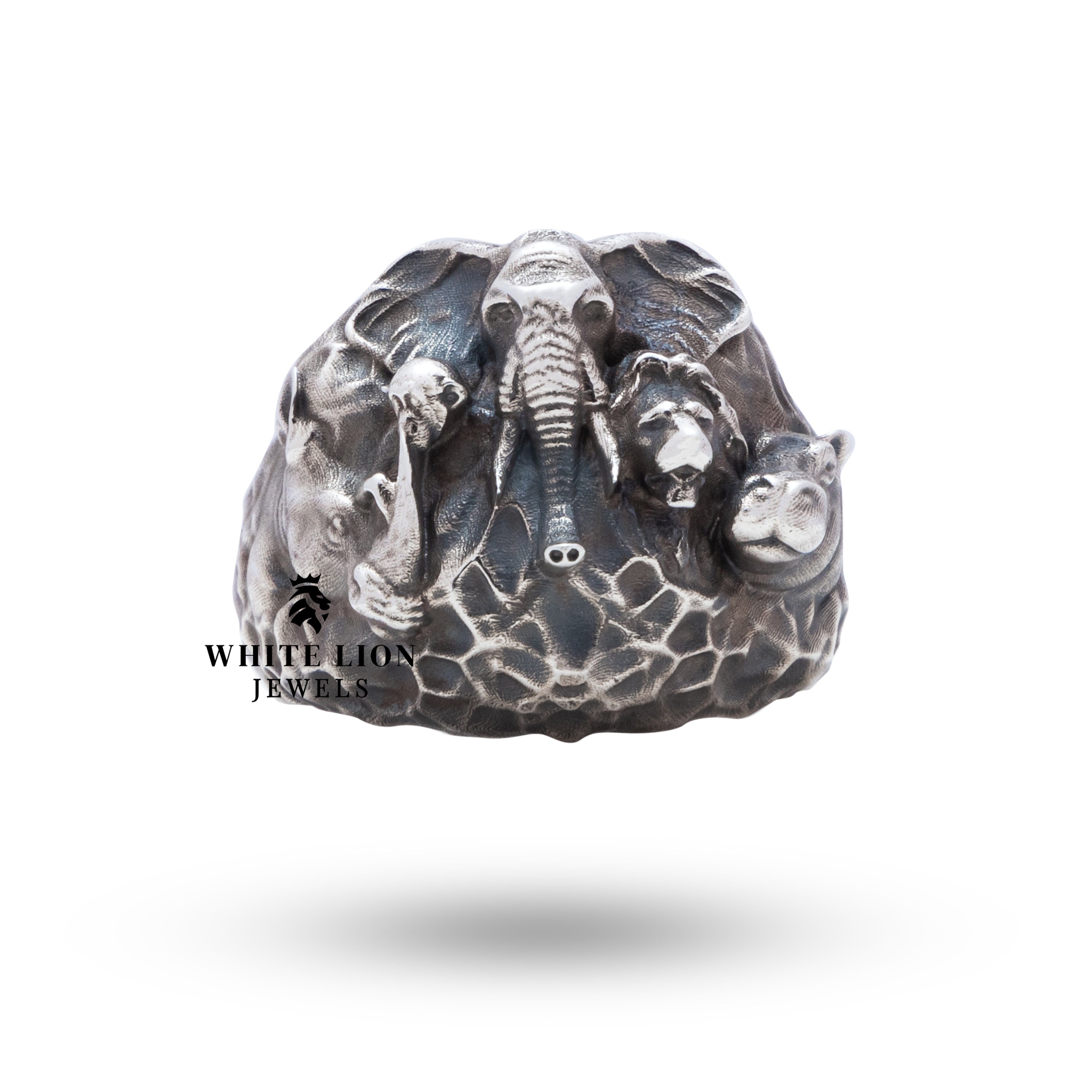Front view of Jungle Safari Animals 925 Sterling Silver Ring with detailed jungle motifs.