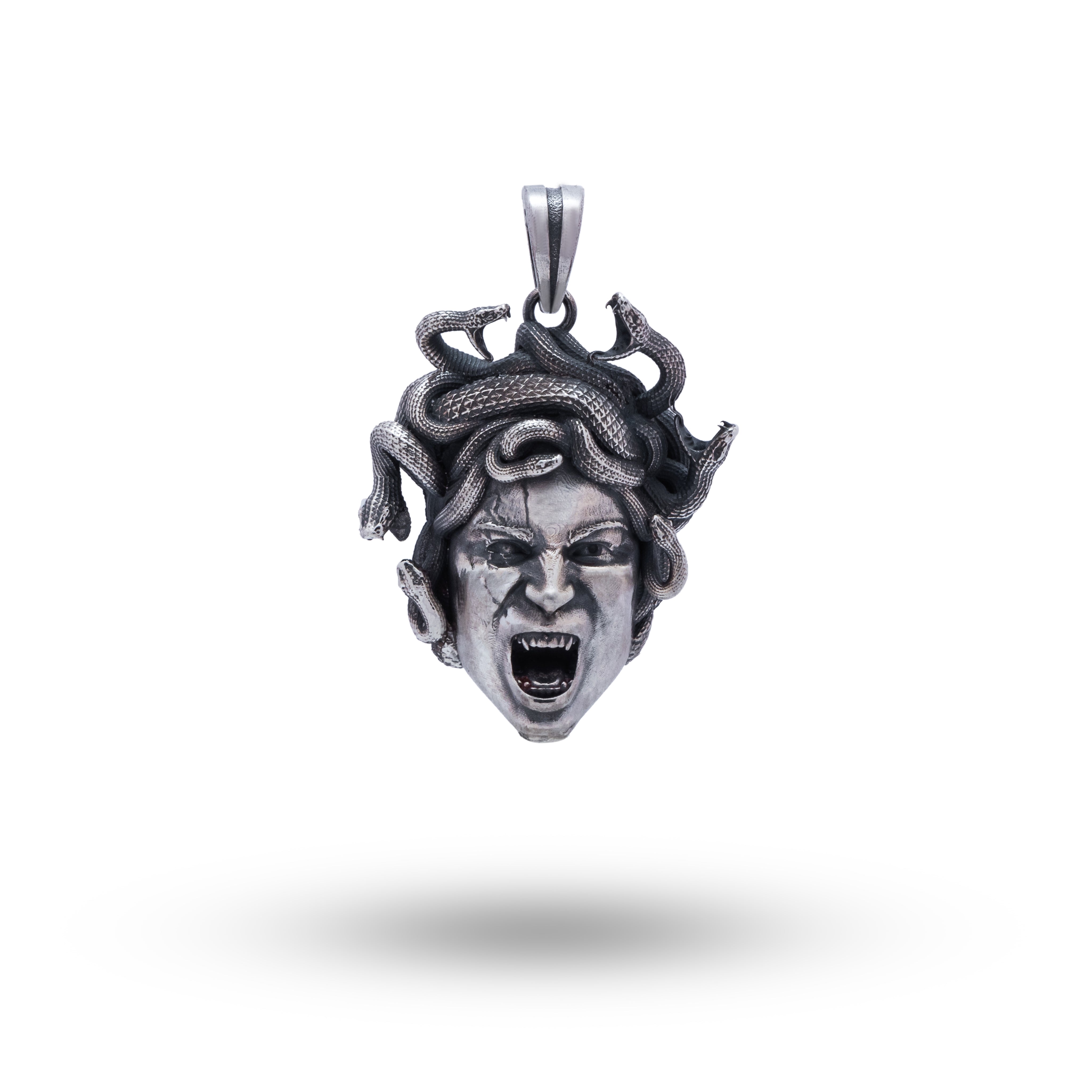 Front view of Angry Medusa Gorgon Snakes 925 Sterling Silver Pendant with intricate snake design.