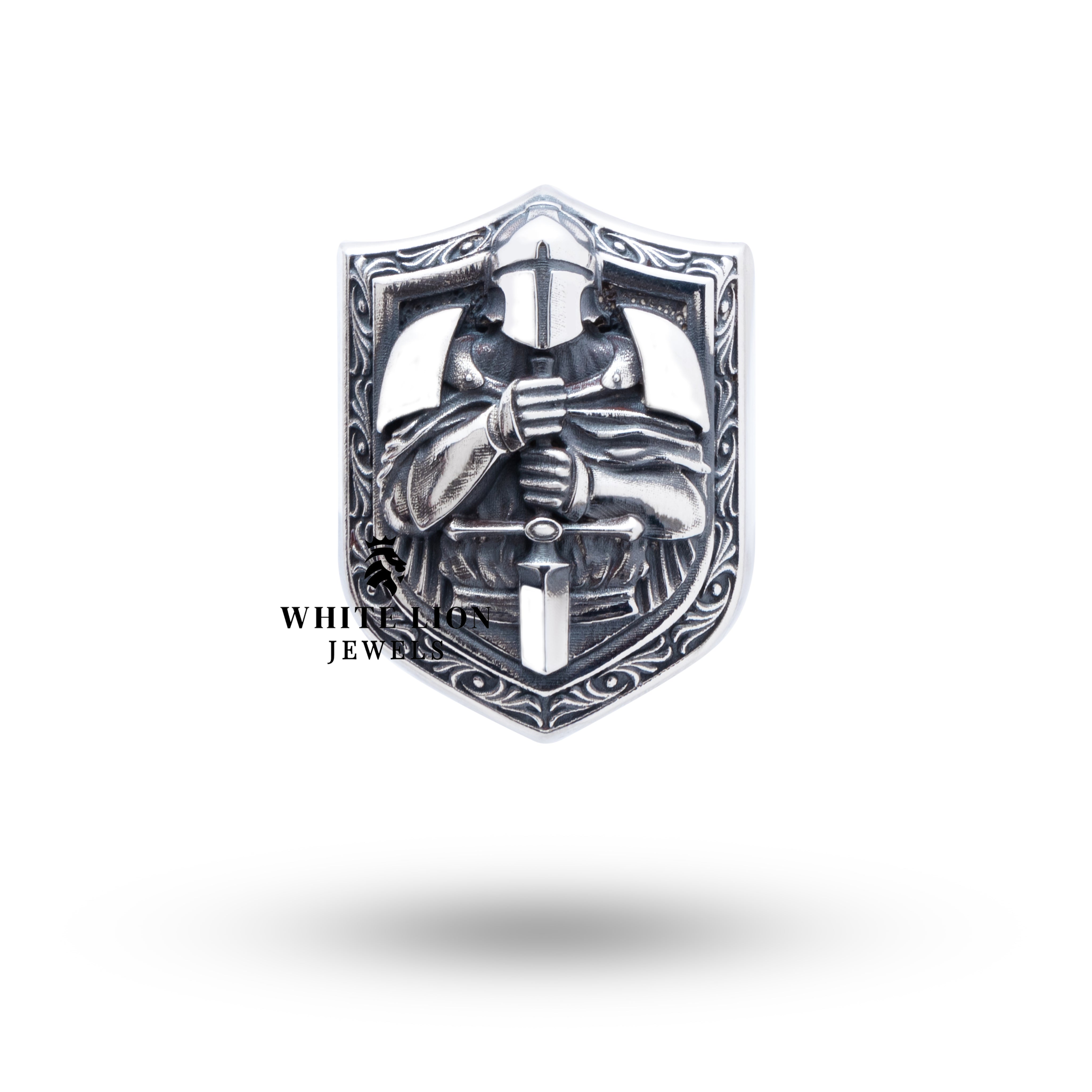 Side profile of Knight 925 Sterling Silver Ring highlighting intricate design and smooth silver finish.