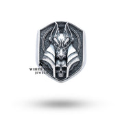 God of Death Anubis Skull Ring in oxidized silver, a statement piece by White Lion Jewels with intricate Egyptian design.