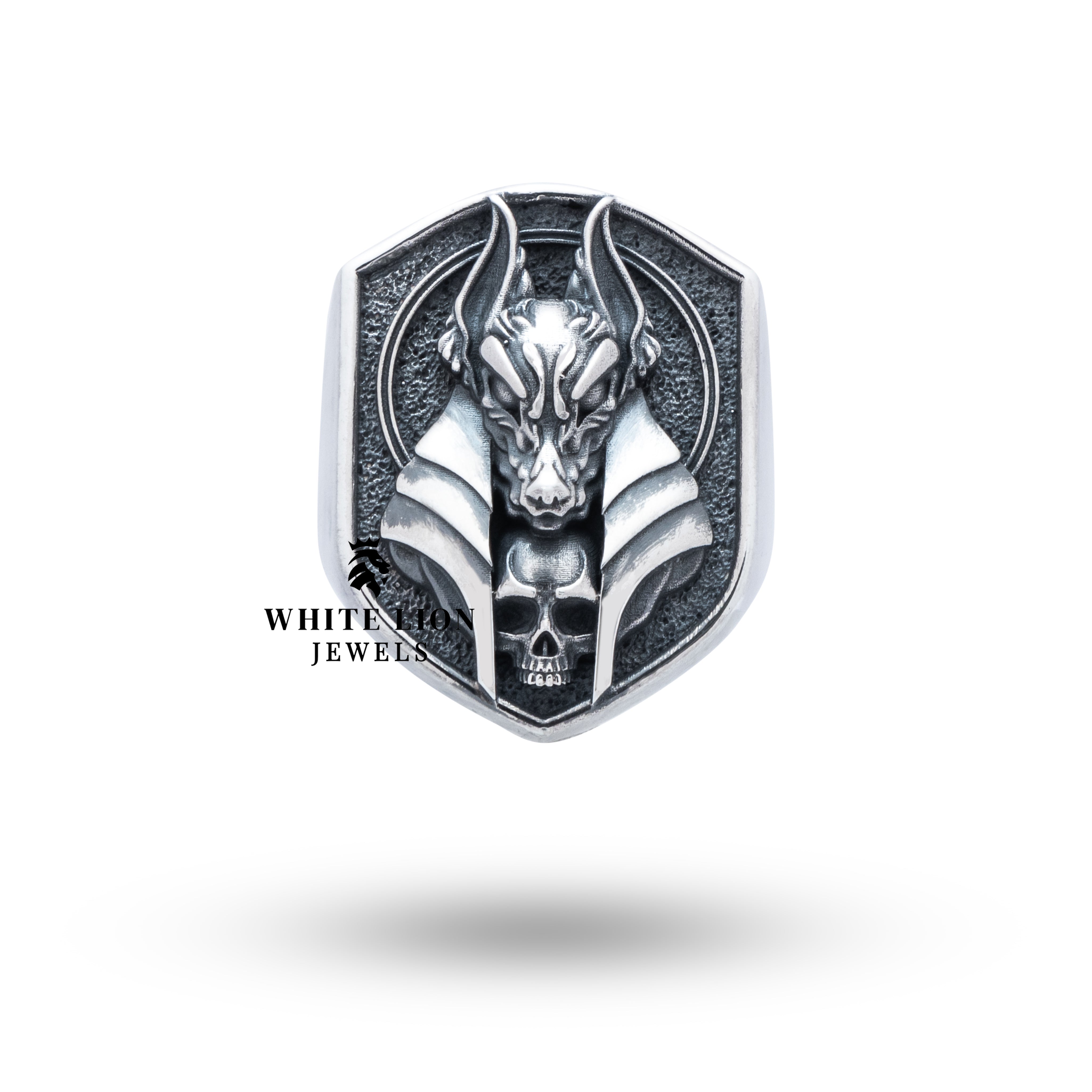 God of Death Anubis Skull Ring in oxidized silver, a statement piece by White Lion Jewels with intricate Egyptian design.