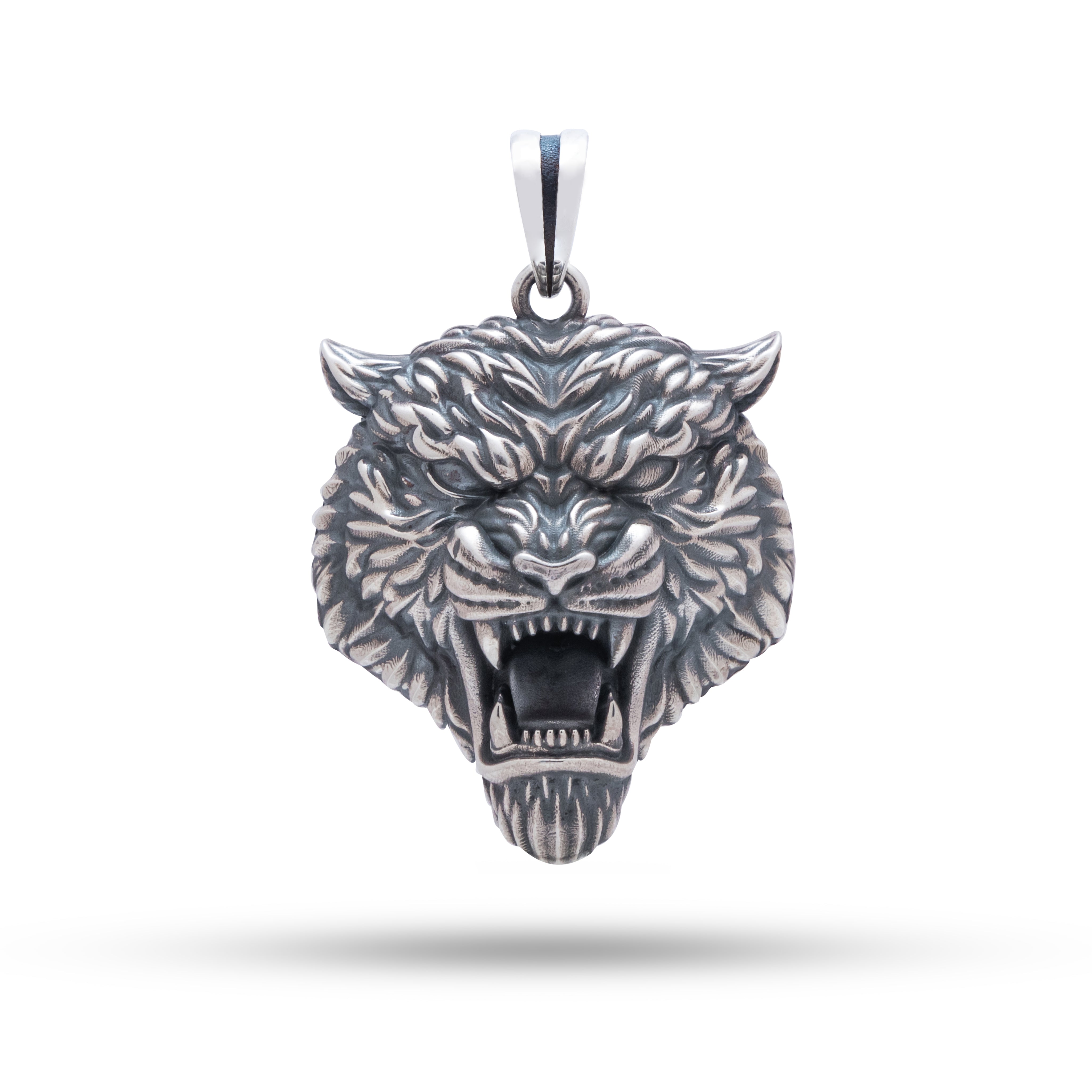 Tiger Jungle Animal 925 Sterling Silver Pendant showing intricate design and oxidized finish