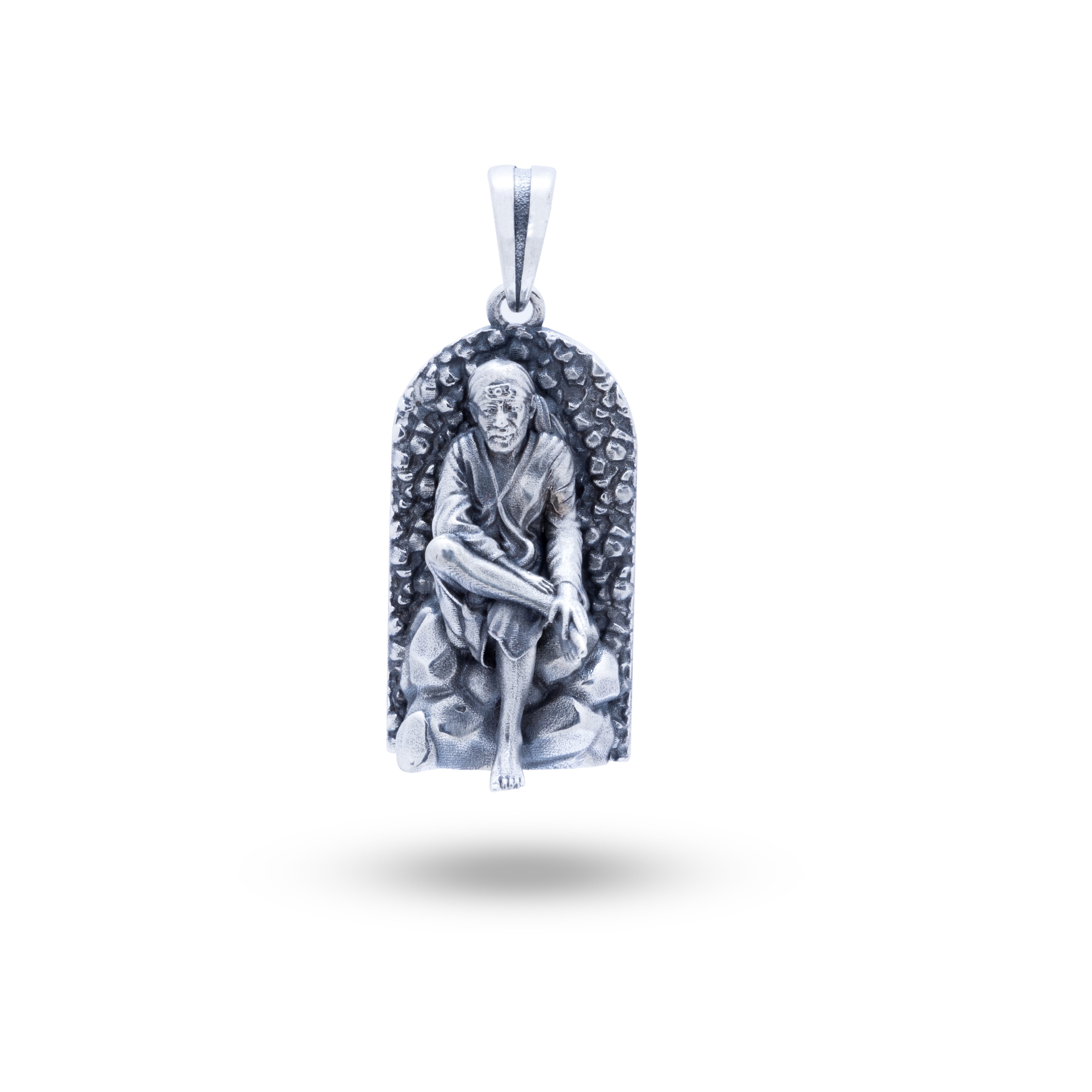 Oxidized Silver Saibaba Pendant in 925 Sterling Silver with intricate design