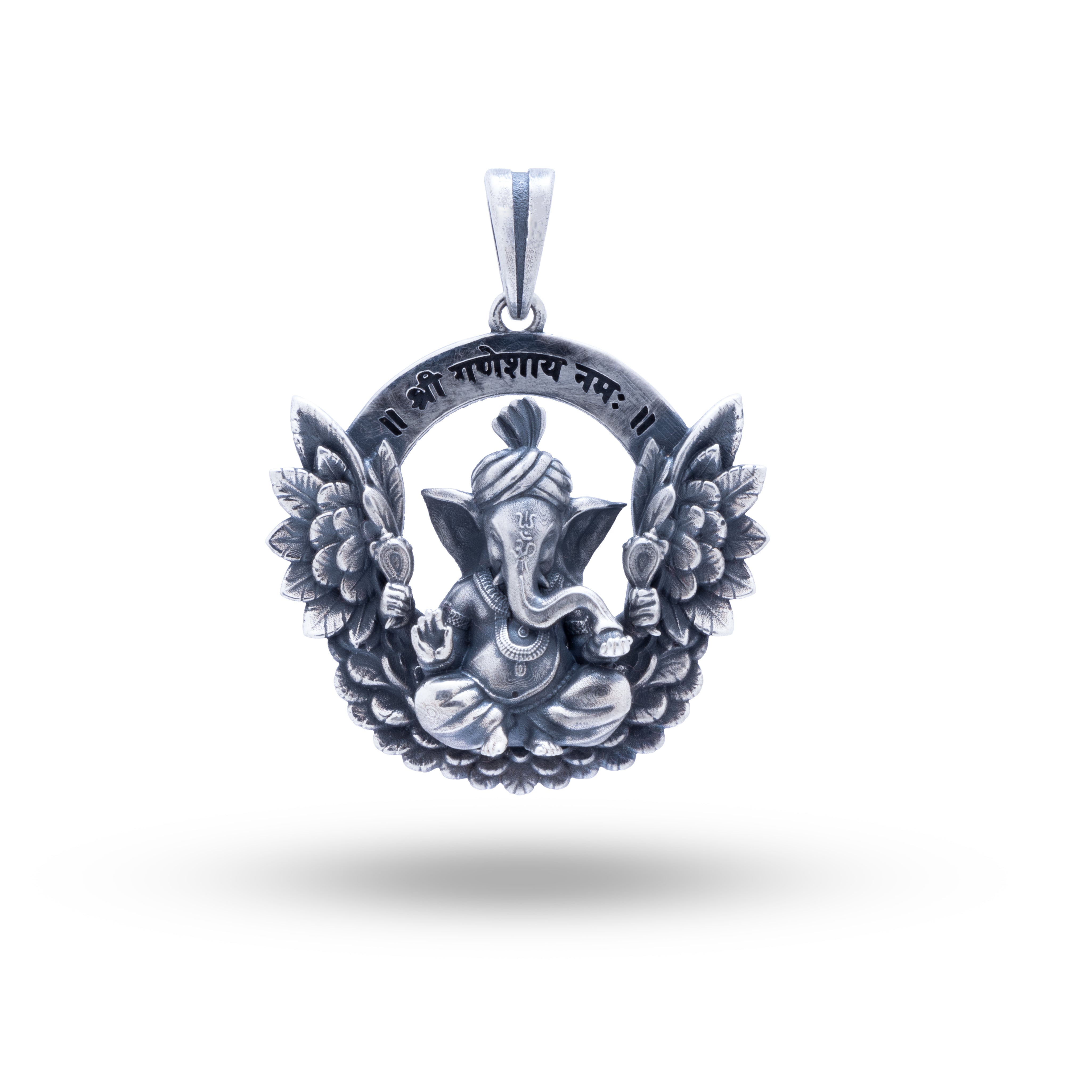 Front view of Ganesha Atharva Wings 925 Sterling Silver Pendant by White Lion Jewels showcasing oxidized finish and detailed craftsmanship.