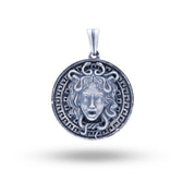 Round Medusa 925 Sterling Silver Pendant by White Lion Jewels, featuring intricate Medusa design in oxidized silver.