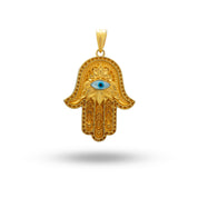 Front view of Hamsa Hand of Fatima Evil Eye Gold Plated Sterling Silver Pendant showcasing intricate design.