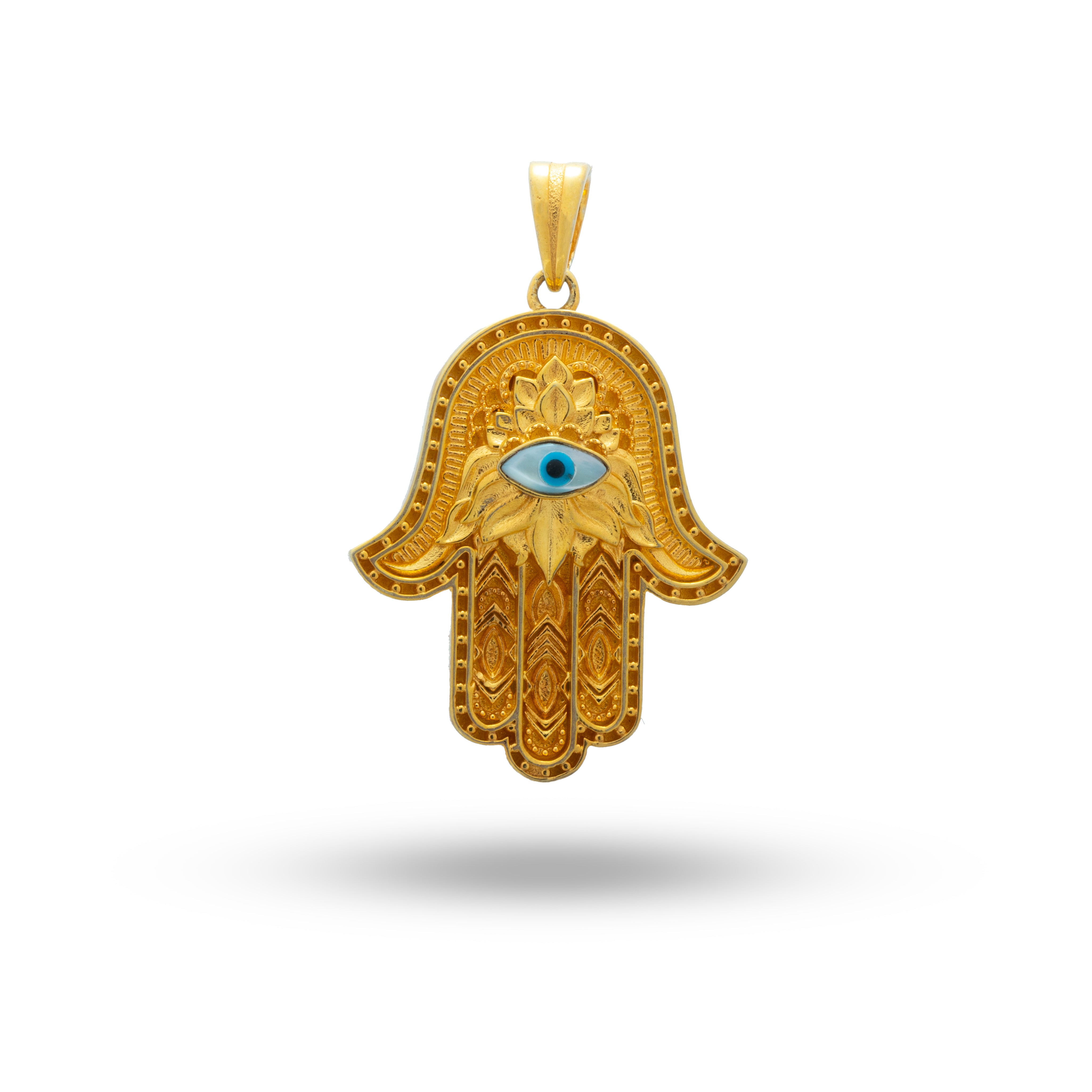 Front view of Hamsa Hand of Fatima Evil Eye Gold Plated Sterling Silver Pendant showcasing intricate design.