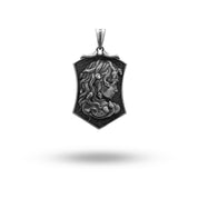 Front view of Greek Goddess Medusa Snakes Shield 925 Sterling Silver Pendant with intricate designs.
