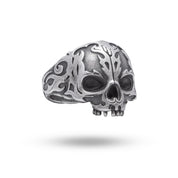 Front view of Half Jaw Fire Skull 925 Sterling Silver Ring showcasing intricate skull design with oxidized finish.