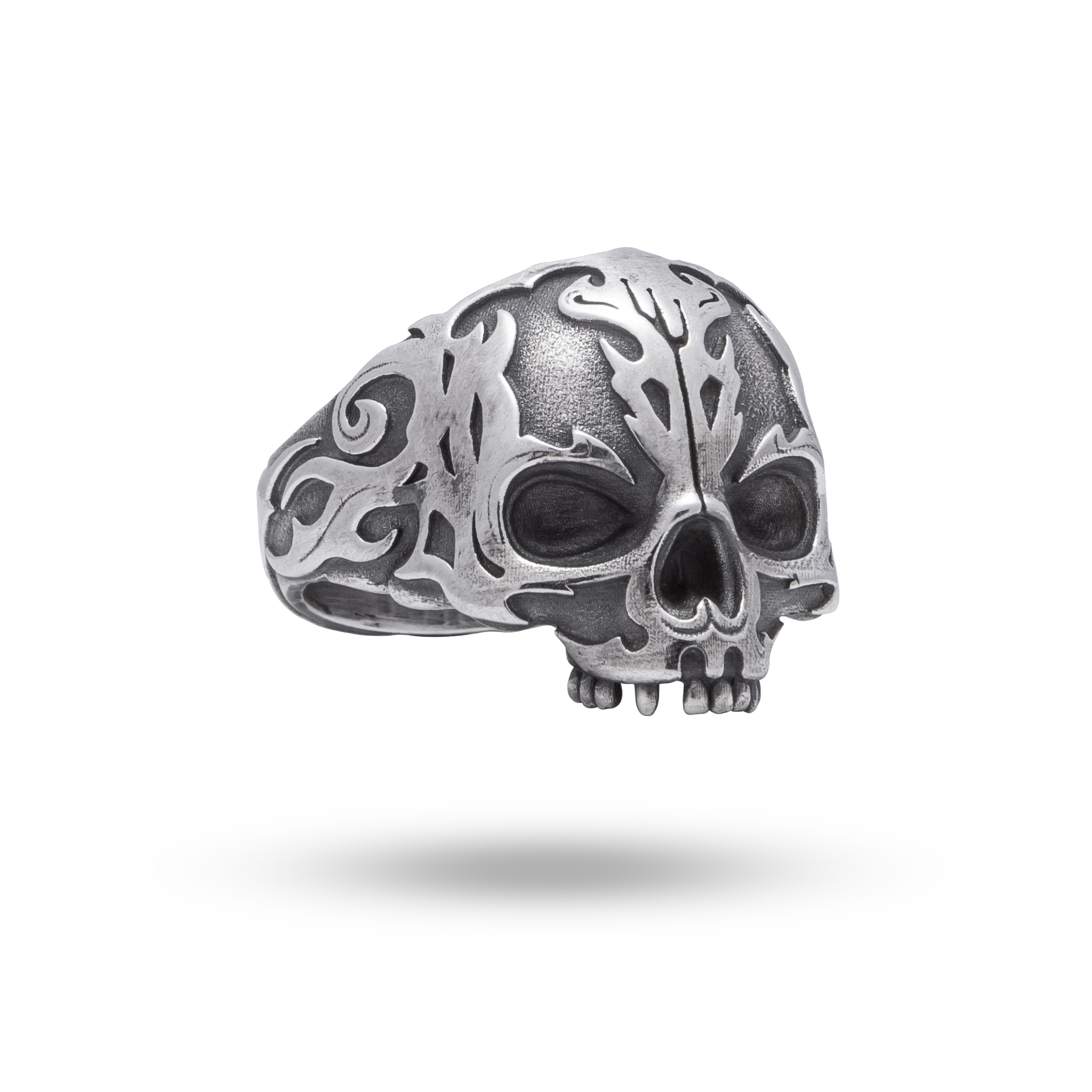 Front view of Half Jaw Fire Skull 925 Sterling Silver Ring showcasing intricate skull design with oxidized finish.