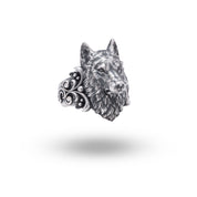 Grey Wolf Head 925 Sterling Silver Ring showcasing intricate detail and oxidized finish.