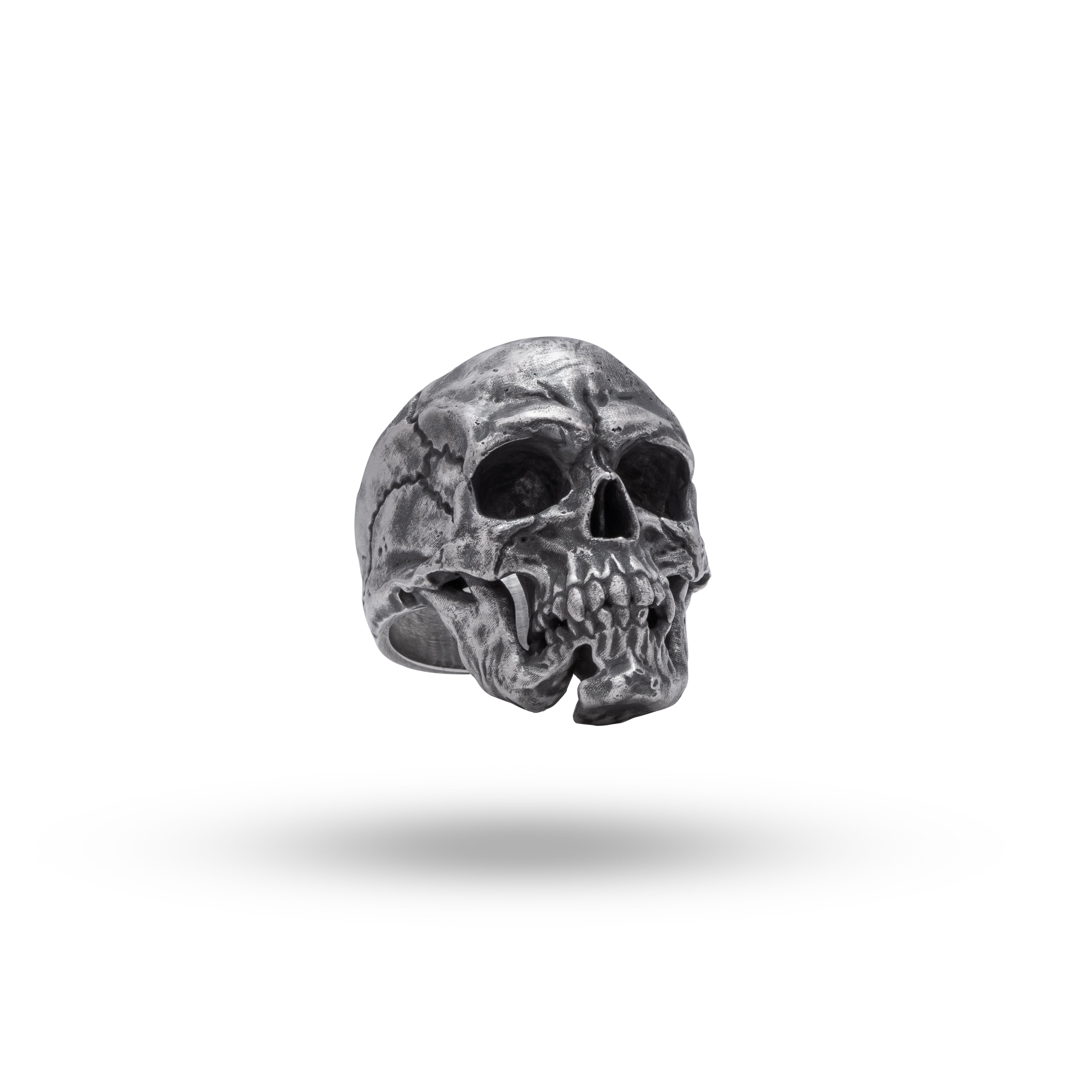 925 Sterling Silver Gothic Skull Ring showcasing intricate design and broken jaw