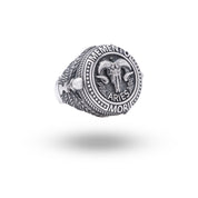 Front view of Memento Mori Zodiac Aries 925 Sterling Silver Ring showcasing elaborate Aries design in oxidized silver