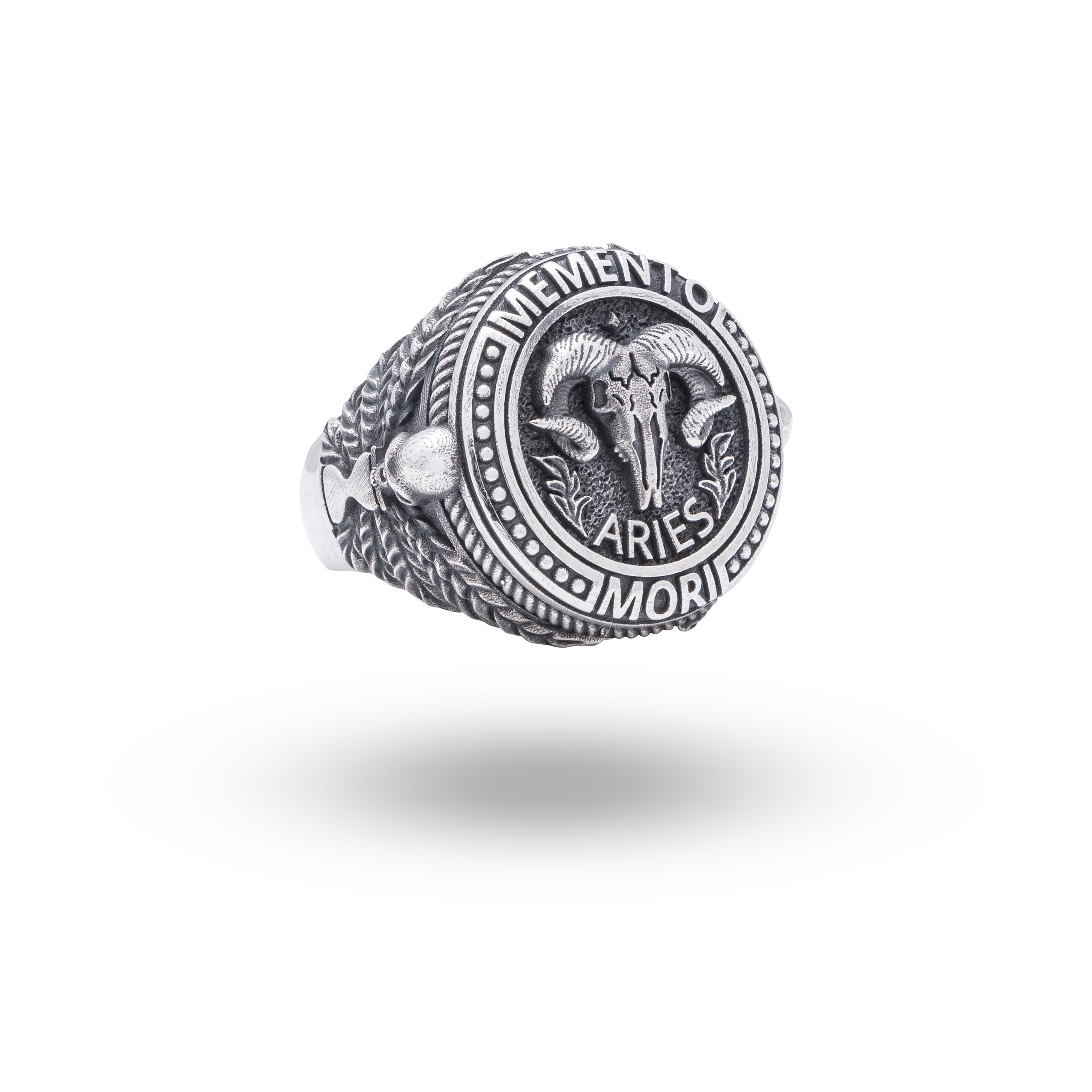 Front view of Memento Mori Zodiac Aries 925 Sterling Silver Ring showcasing elaborate Aries design in oxidized silver