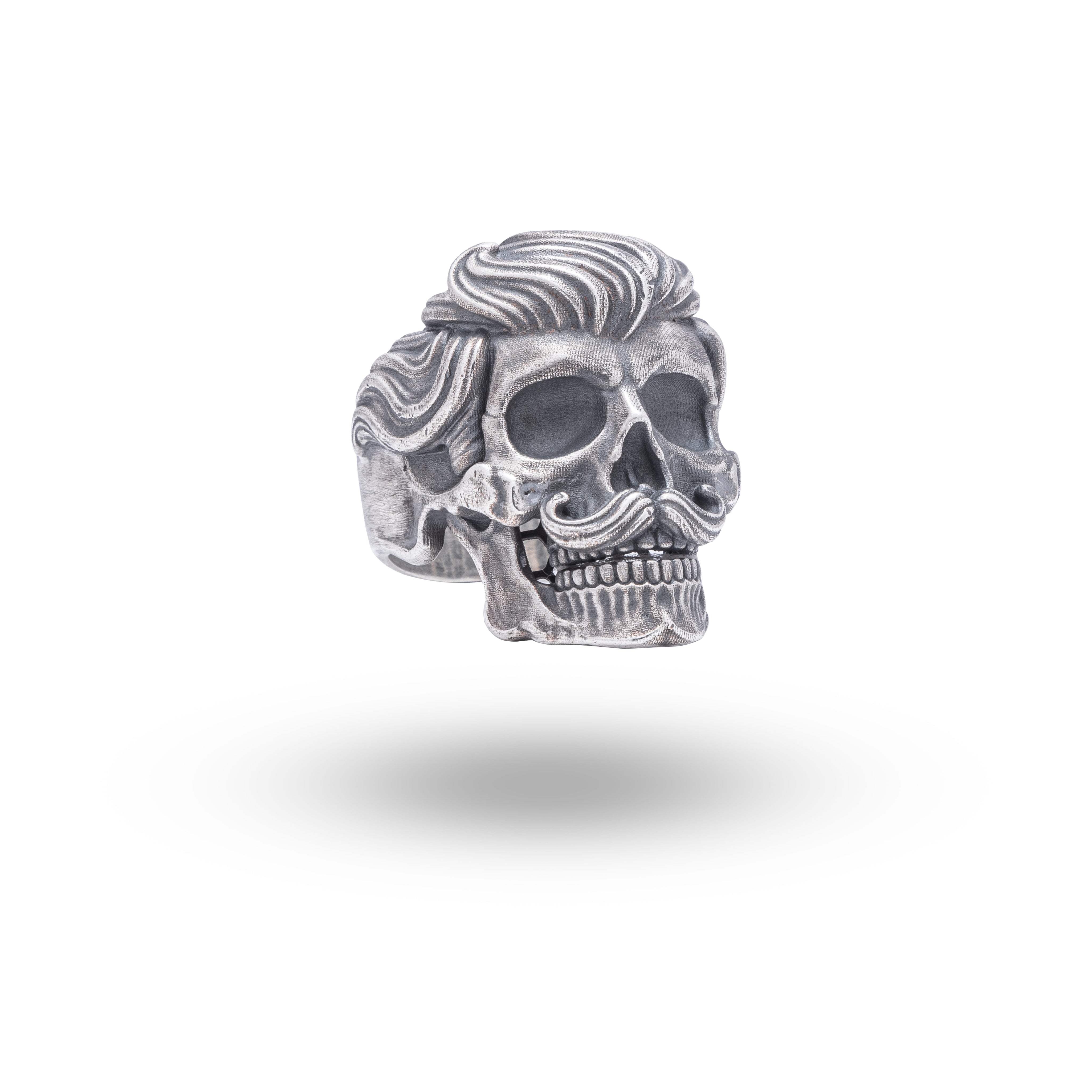 Gentleman Mustached Gothic Skull Ring, 925 Sterling Silver with Oxidized Finish, Artisan Craftsmanship