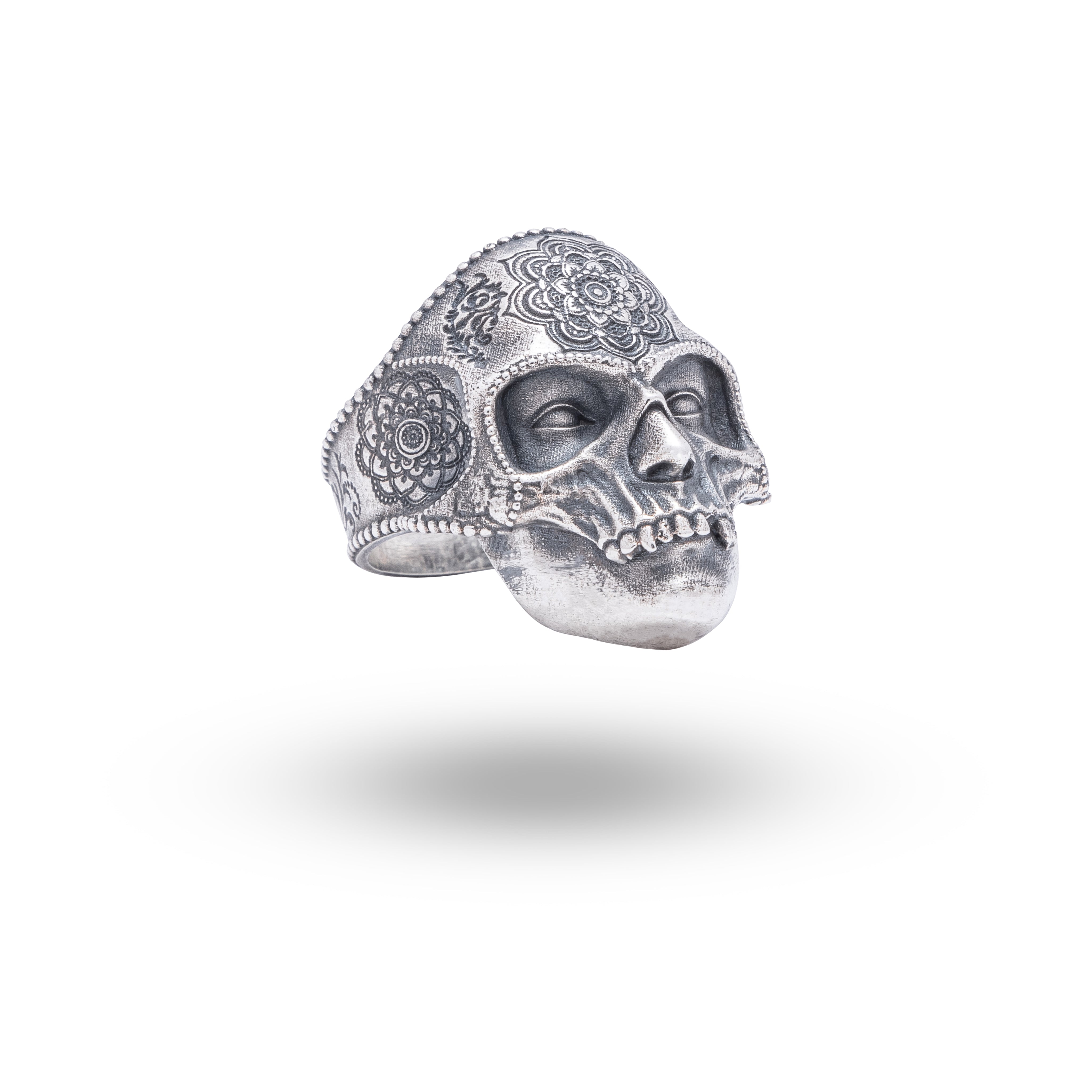 Front view of Retro Mandala Gothic Flower Skull Ring in 925 Sterling Silver