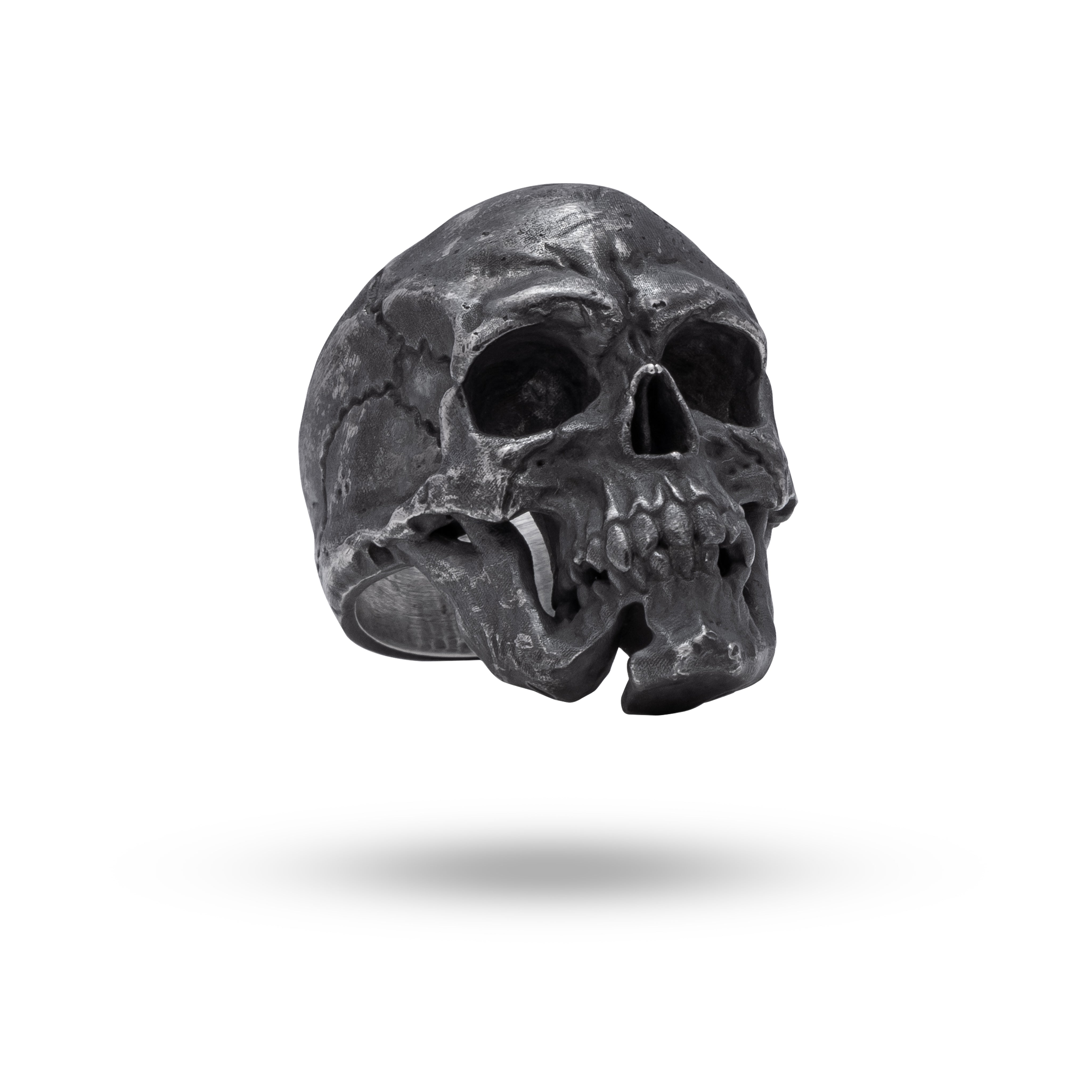 Broken Jaw Crack Skull Ring made of oxidized 925 Sterling Silver, showcasing bold design and craftsmanship.