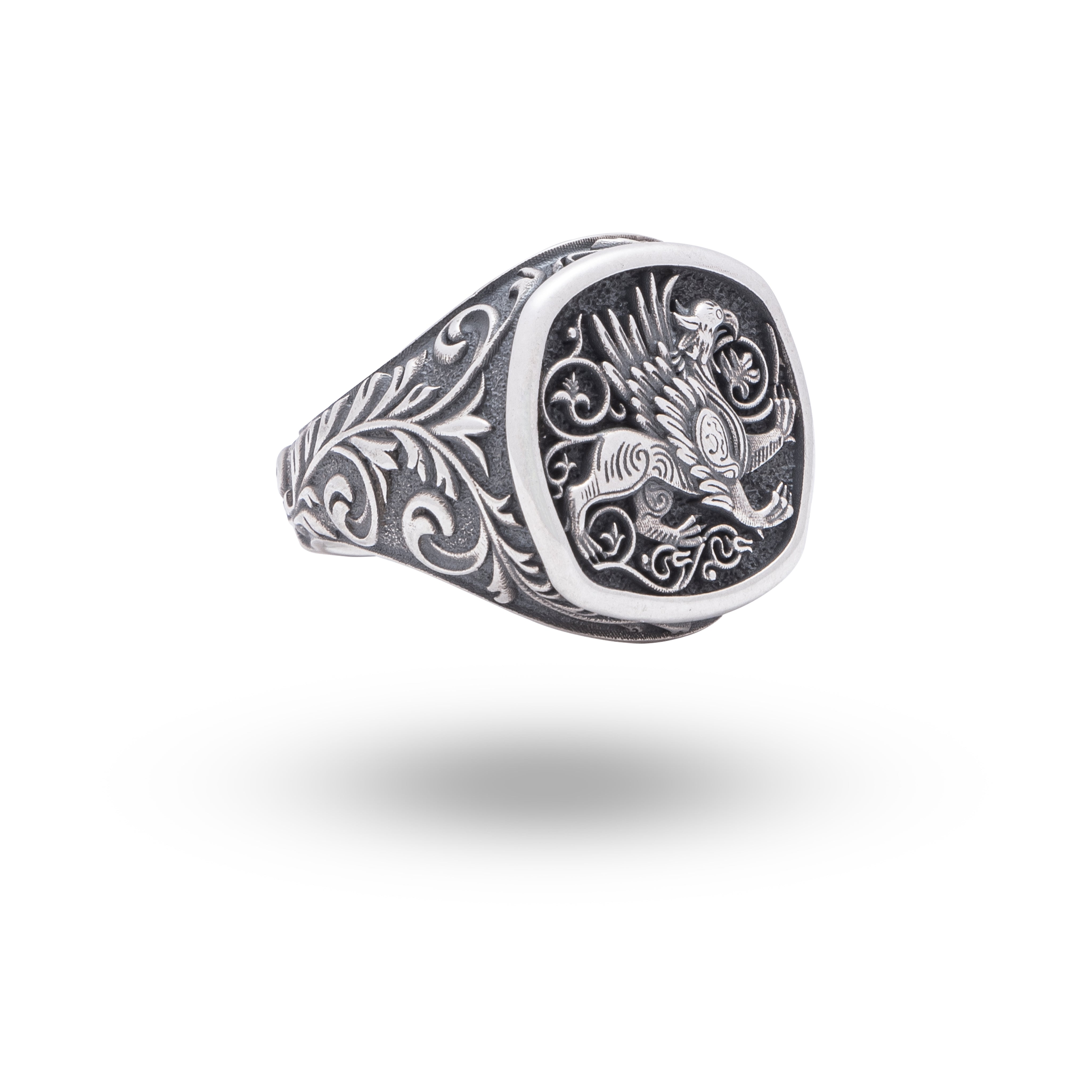 Front view of Gryphon Lion 925 Sterling Silver Ring showcasing its bold design and oxidized finish.
