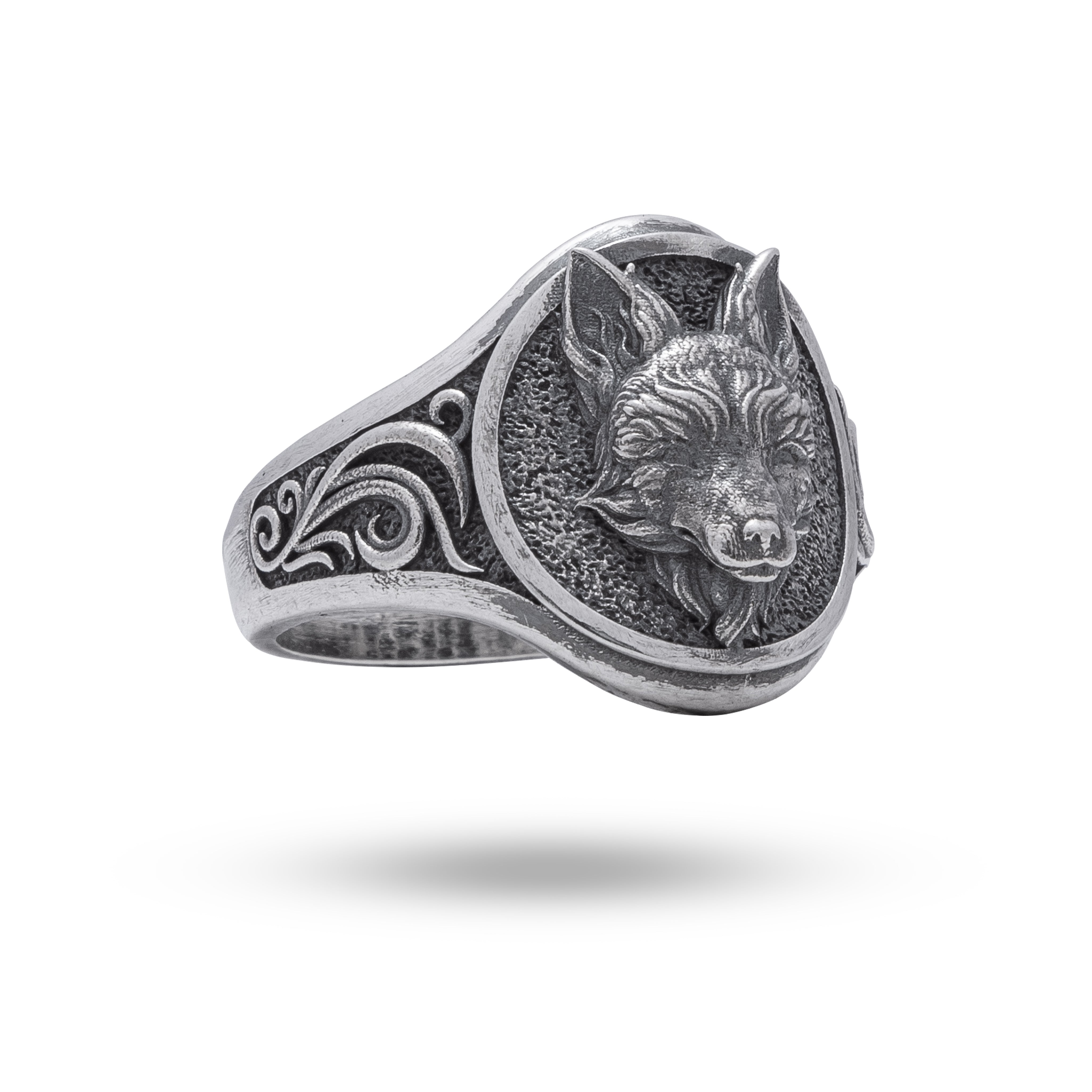 Fox Head Sterling Silver Ring with intricate design - main view.