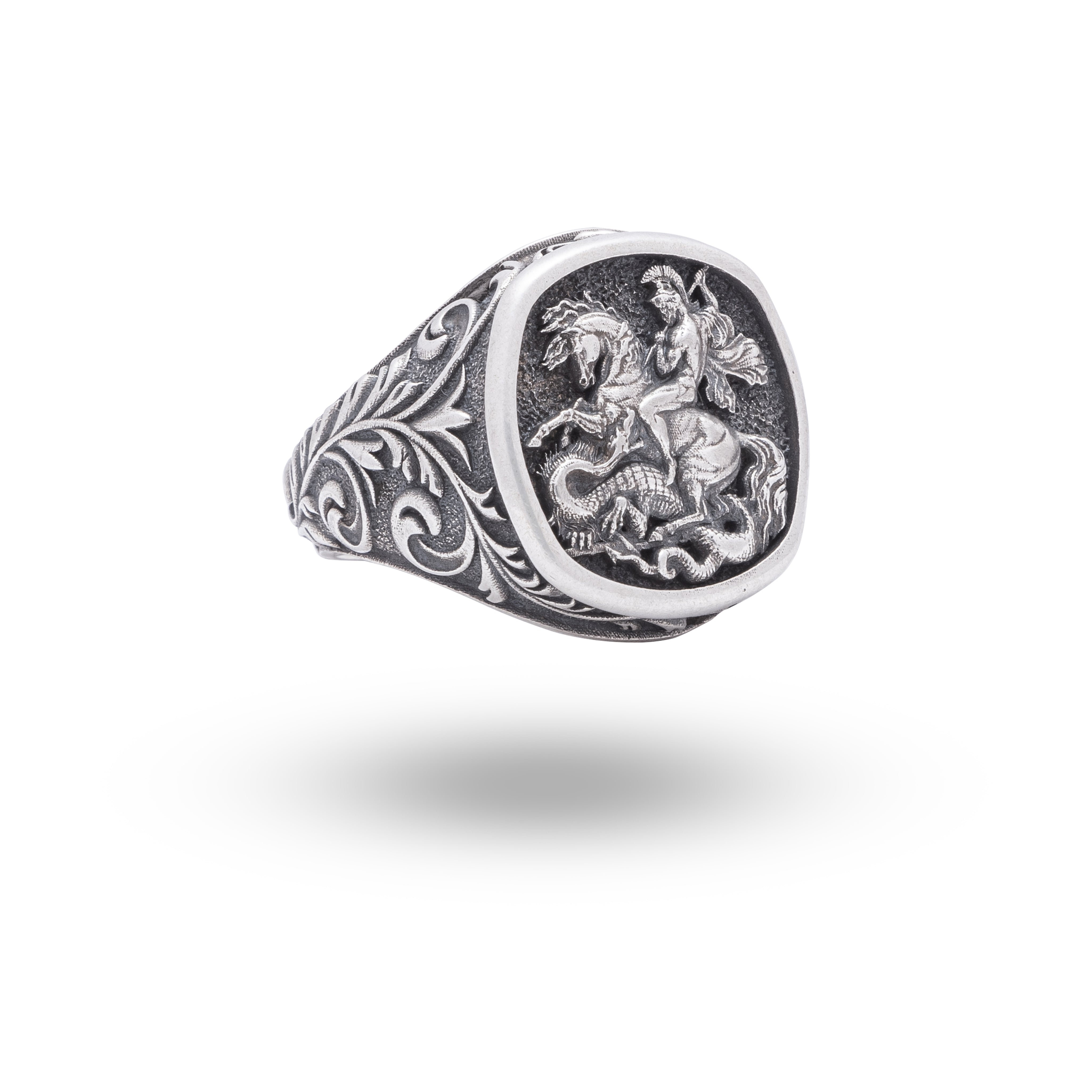 Front view of St George 925 Sterling Silver Ring showcasing its intricate design with oxidized finish, elegant and luxurious.