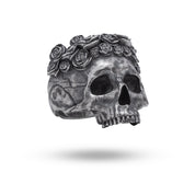 Front view of Gothic Half Jaw Roses Skull 925 Sterling Silver Ring with intricate rose and skull design