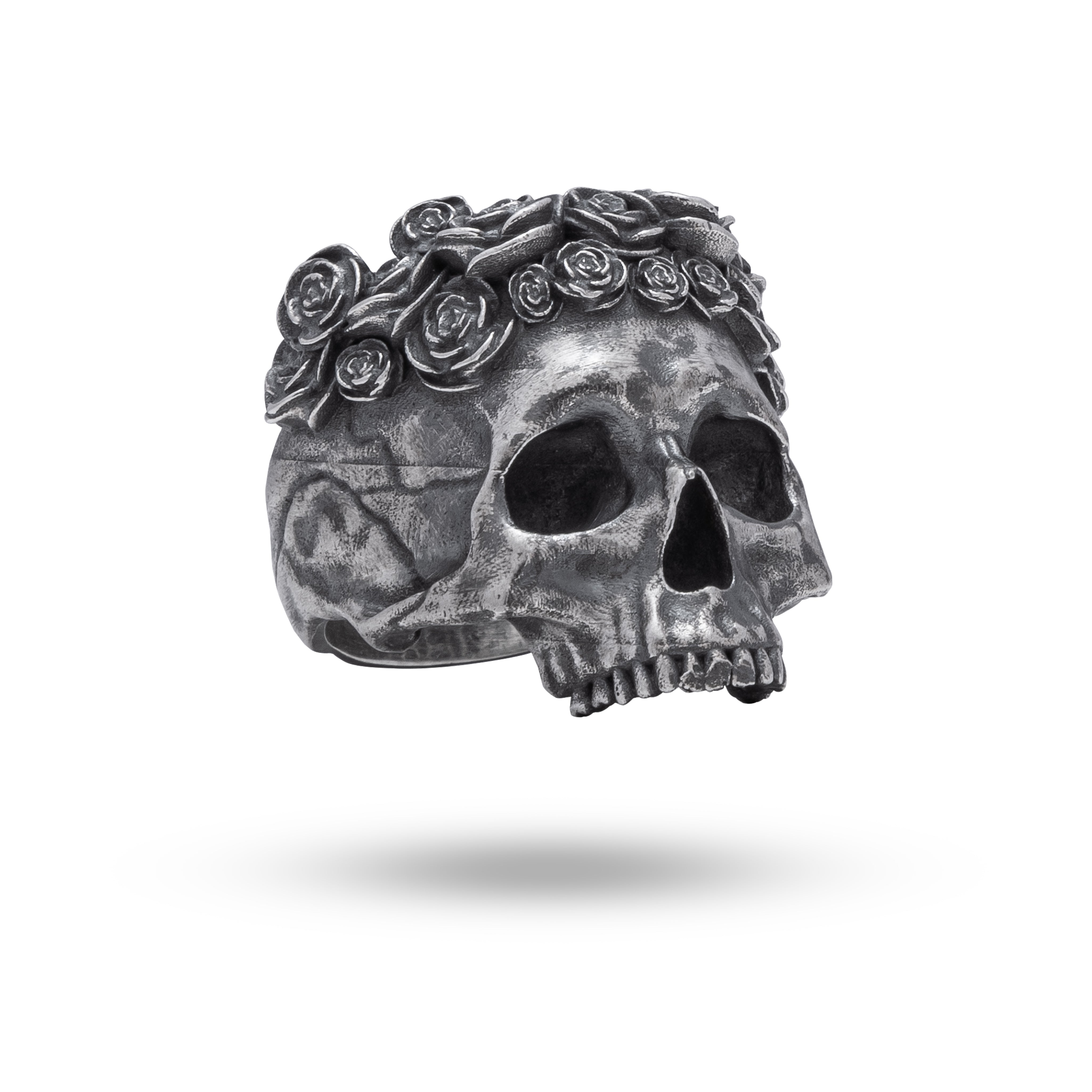 Front view of Gothic Half Jaw Roses Skull 925 Sterling Silver Ring with intricate rose and skull design