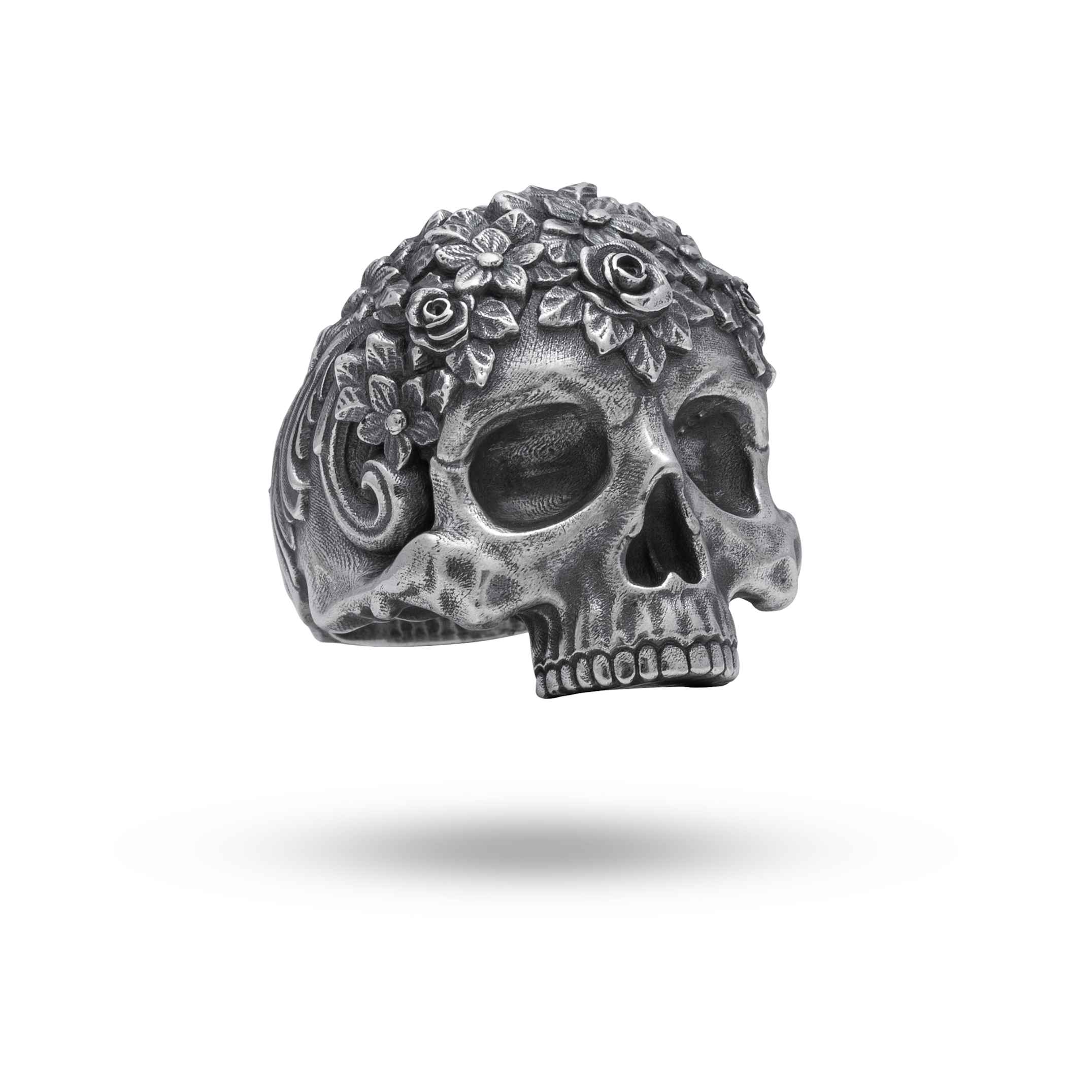 Front view of Half Jaw Flower Leaves 925 Sterling Silver Ring with intricate floral design.