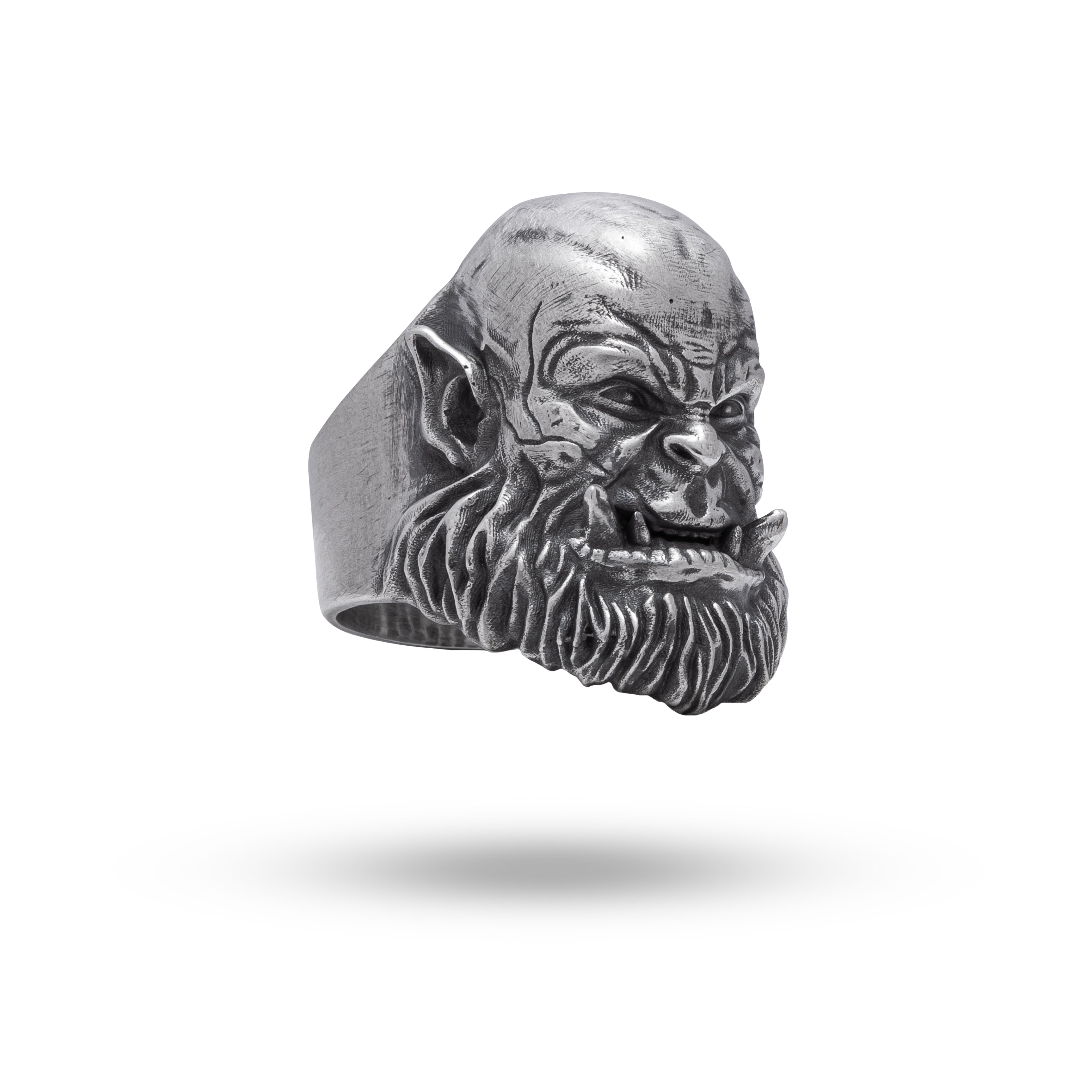 Sterling silver Warcraft Orgrim Orc Doom Hammer ring displaying detailed craftsmanship.